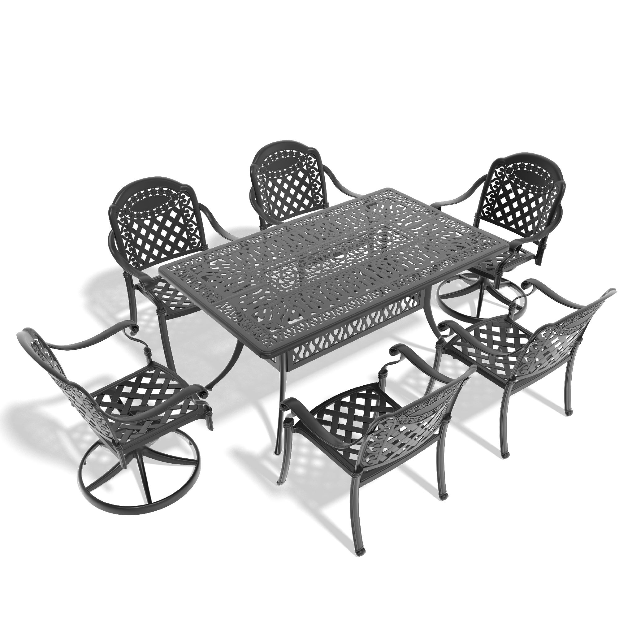 7-Piece All-Weather Cast Aluminum Dining Set, Include 2 Swivel Chairs,4 Dining Chairs and Rectangular Table With Black Frame(same sku:W1710S00371) - Image 3
