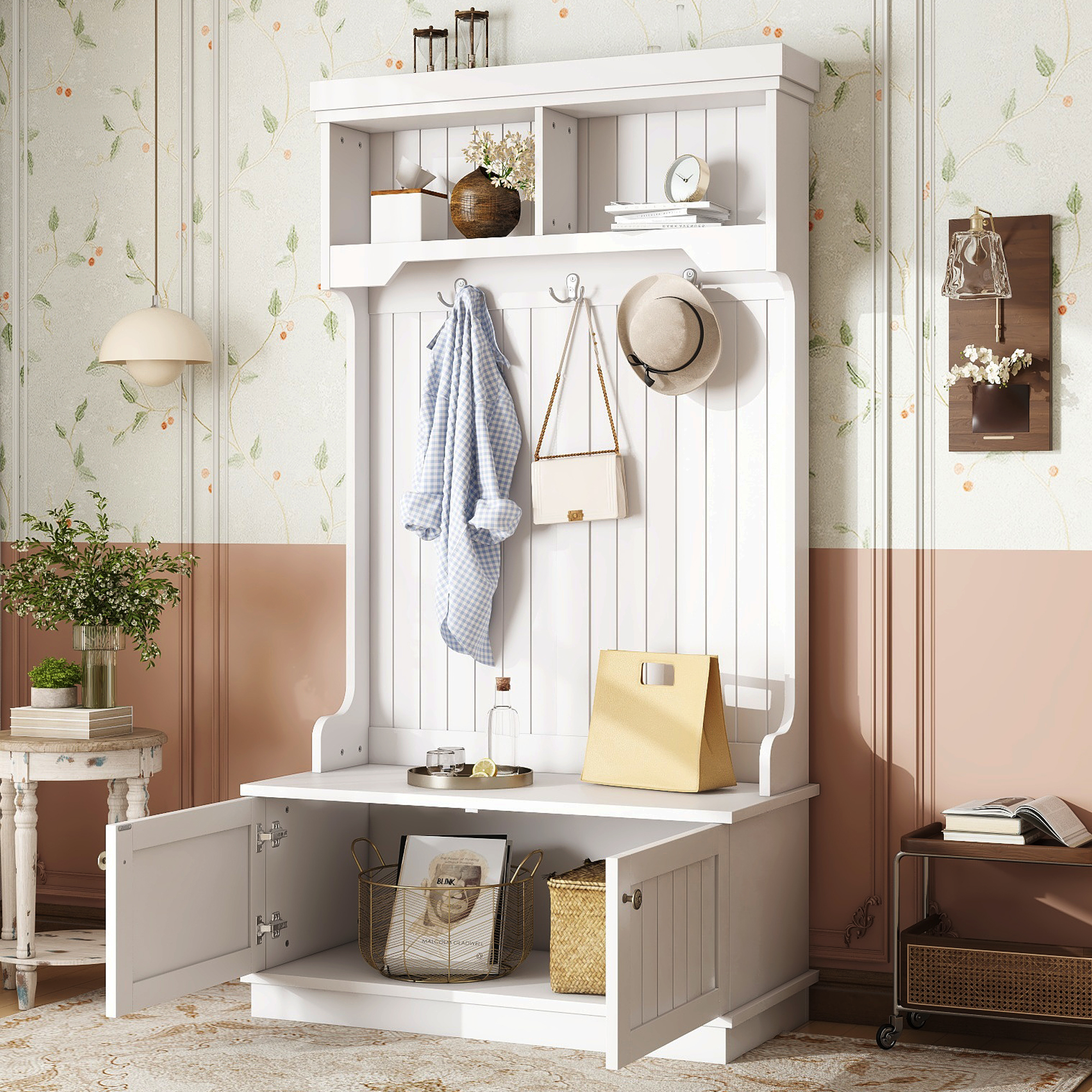 Hall Tree with Storage Shoe Bench for Entryway and Hallway, 4-in-1 Design Coat Racks with Hooks for Living Room, White - Image 2