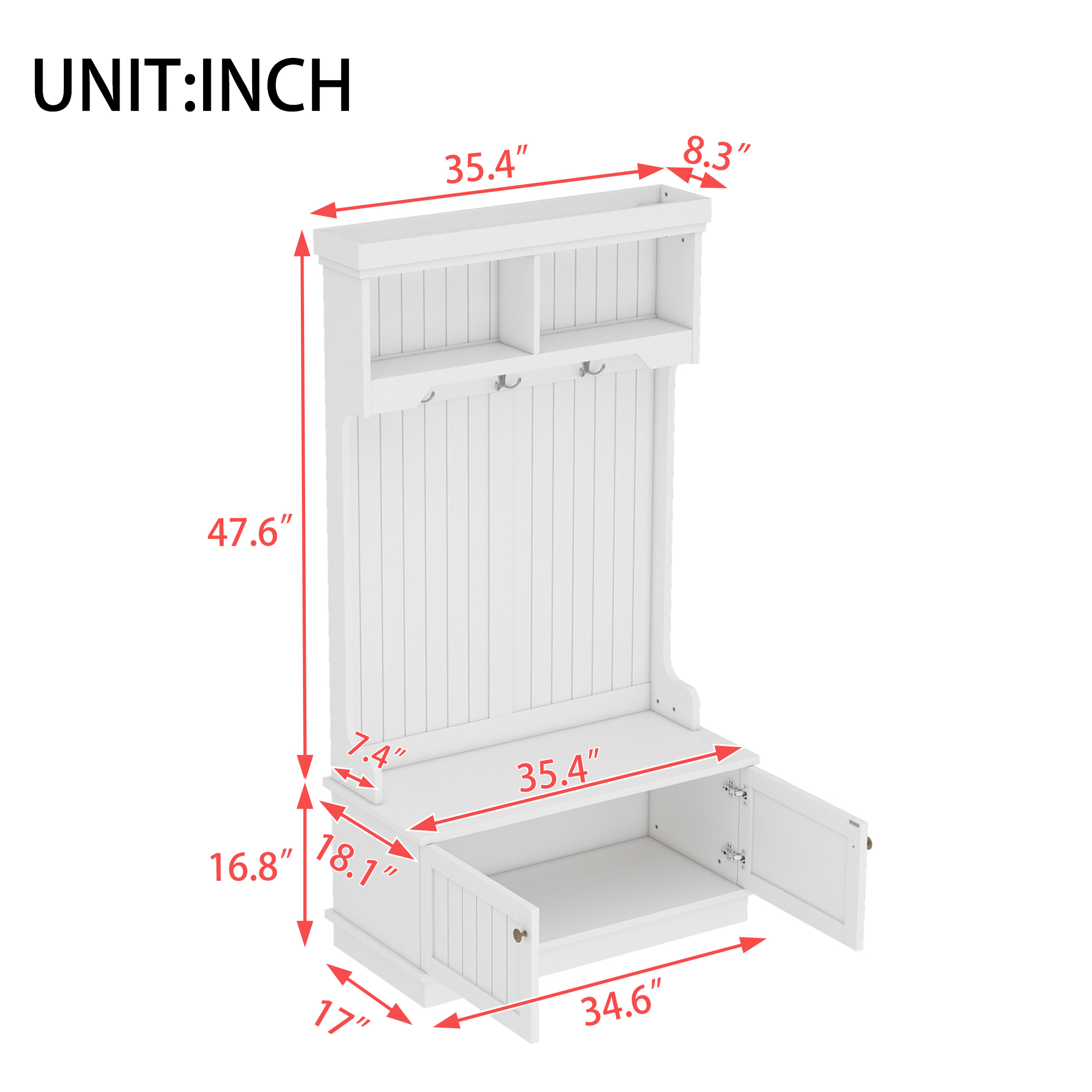 Hall Tree with Storage Shoe Bench for Entryway and Hallway, 4-in-1 Design Coat Racks with Hooks for Living Room, White - Image 3