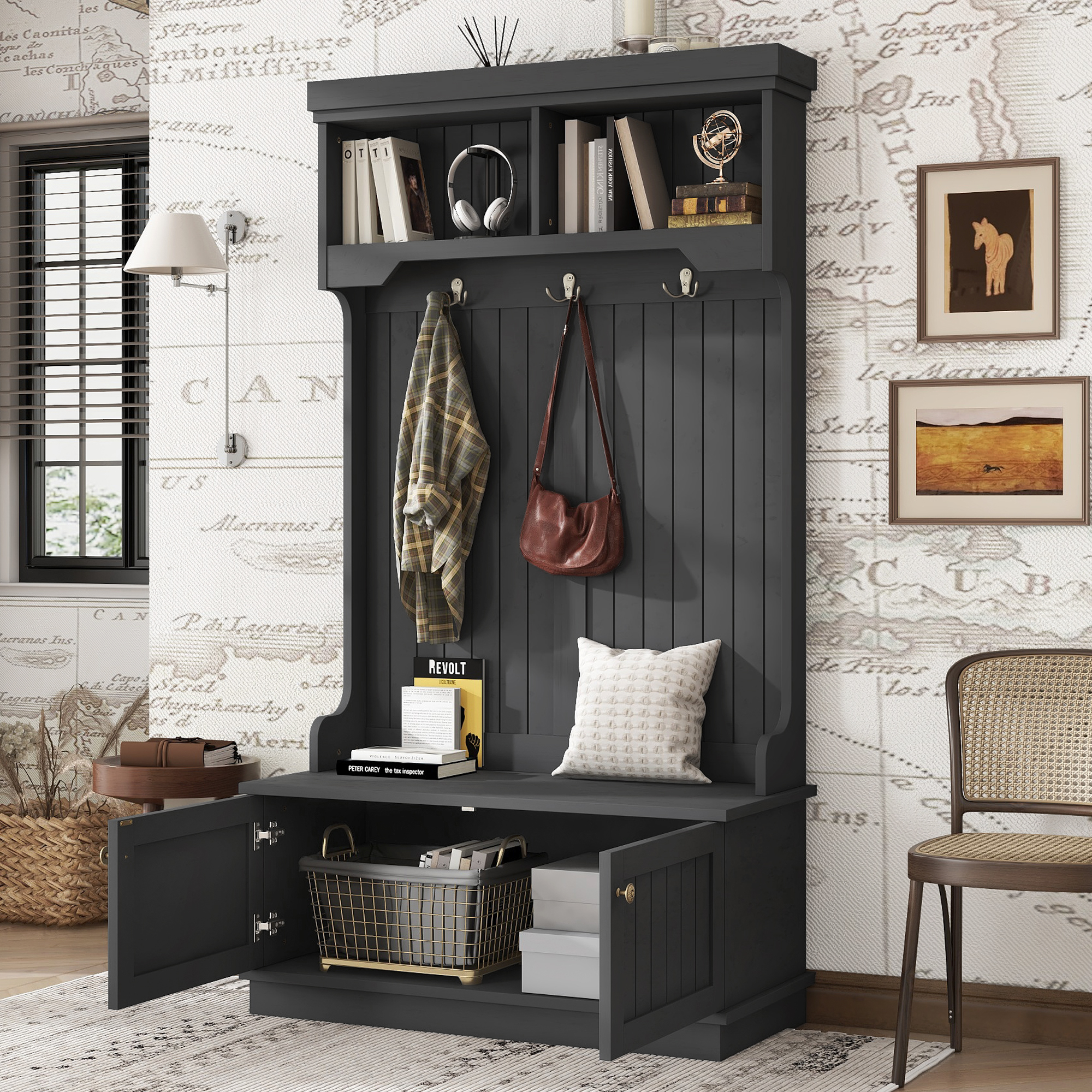 Hall Tree with Storage Shoe Bench for Entryway and Hallway, 4-in-1 Design Coat Racks with Hooks for Living Room, Black - Image 2