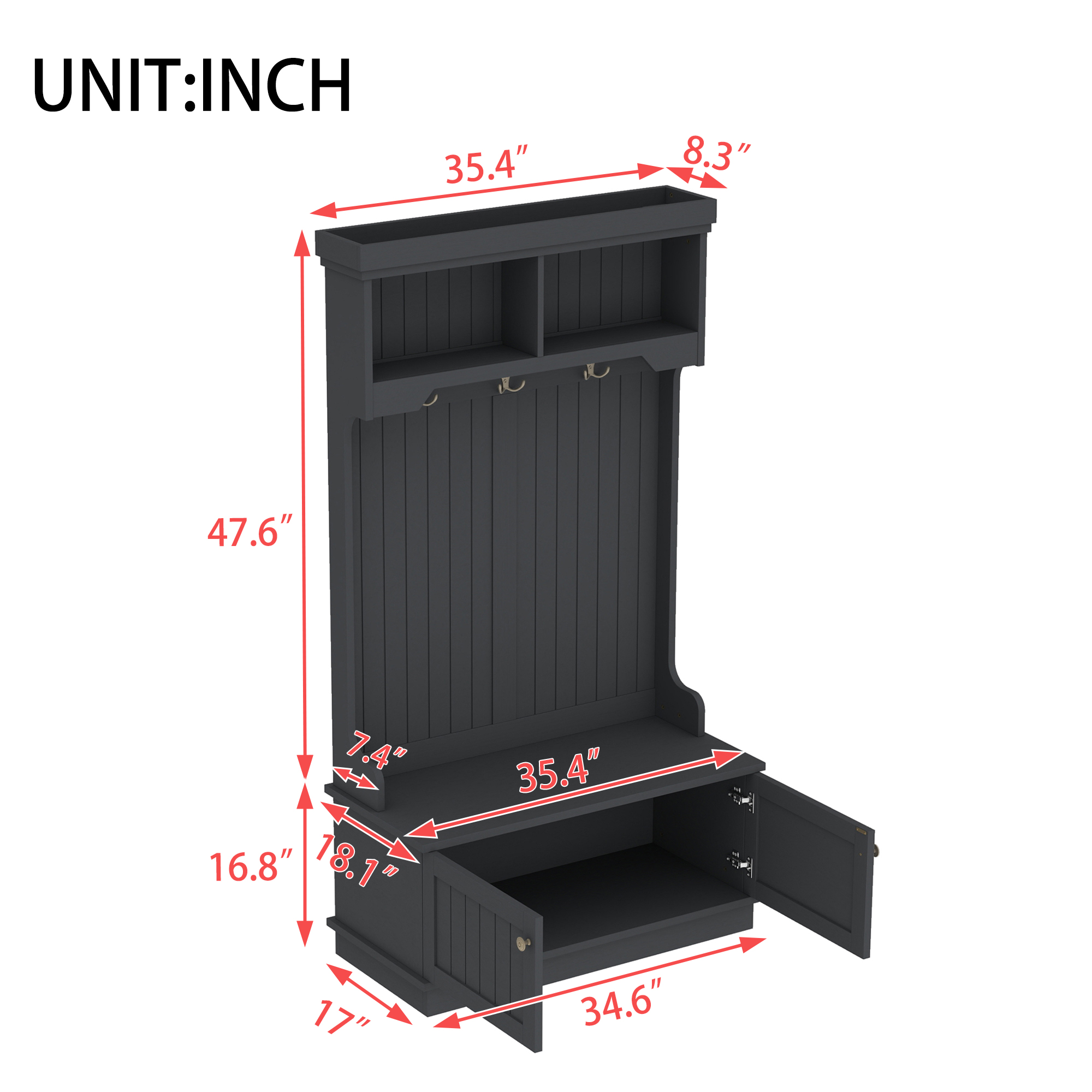 Hall Tree with Storage Shoe Bench for Entryway and Hallway, 4-in-1 Design Coat Racks with Hooks for Living Room, Black - Image 3