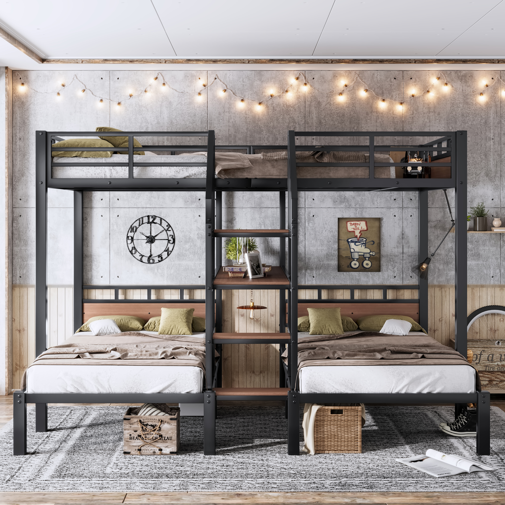 Full over Twin over Twin(Full XL over Twin over Twin) Metal Bunk Bed ,triple metal bunk bed with Storage shelves and storage stairs,Black - Image 2