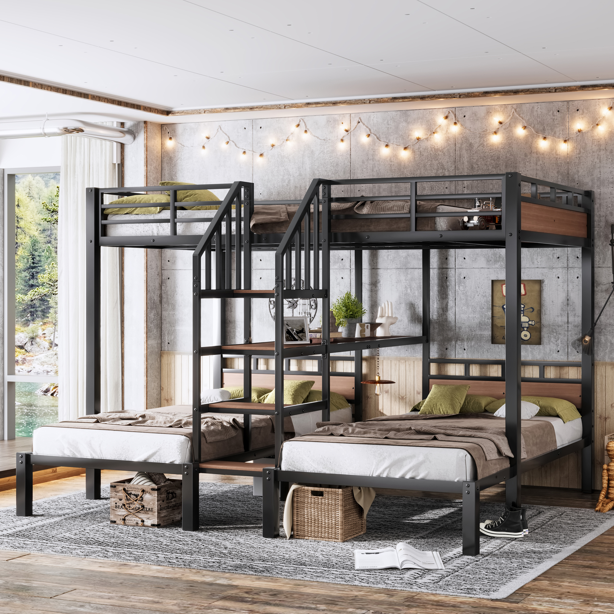 Full over Twin over Twin(Full XL over Twin over Twin) Metal Bunk Bed ,triple metal bunk bed with Storage shelves and storage stairs,Black - Image 3