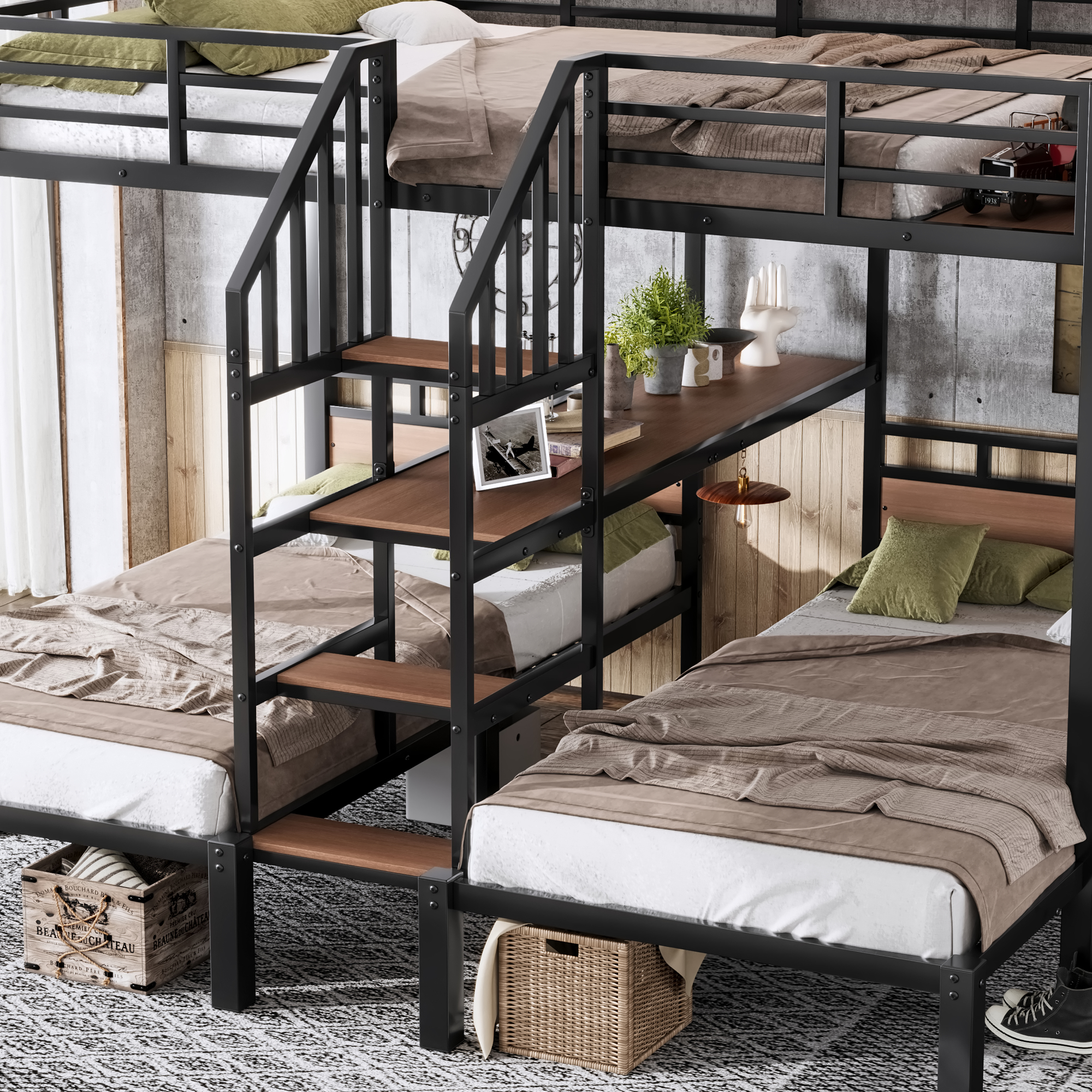 Full over Twin over Twin(Full XL over Twin over Twin) Metal Bunk Bed ,triple metal bunk bed with Storage shelves and storage stairs,Black - Image 5