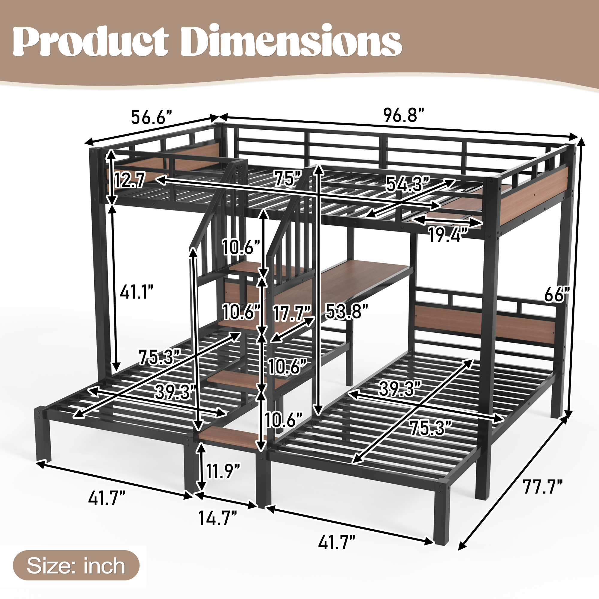 Full over Twin over Twin(Full XL over Twin over Twin) Metal Bunk Bed ,triple metal bunk bed with Storage shelves and storage stairs,Black - Image 6