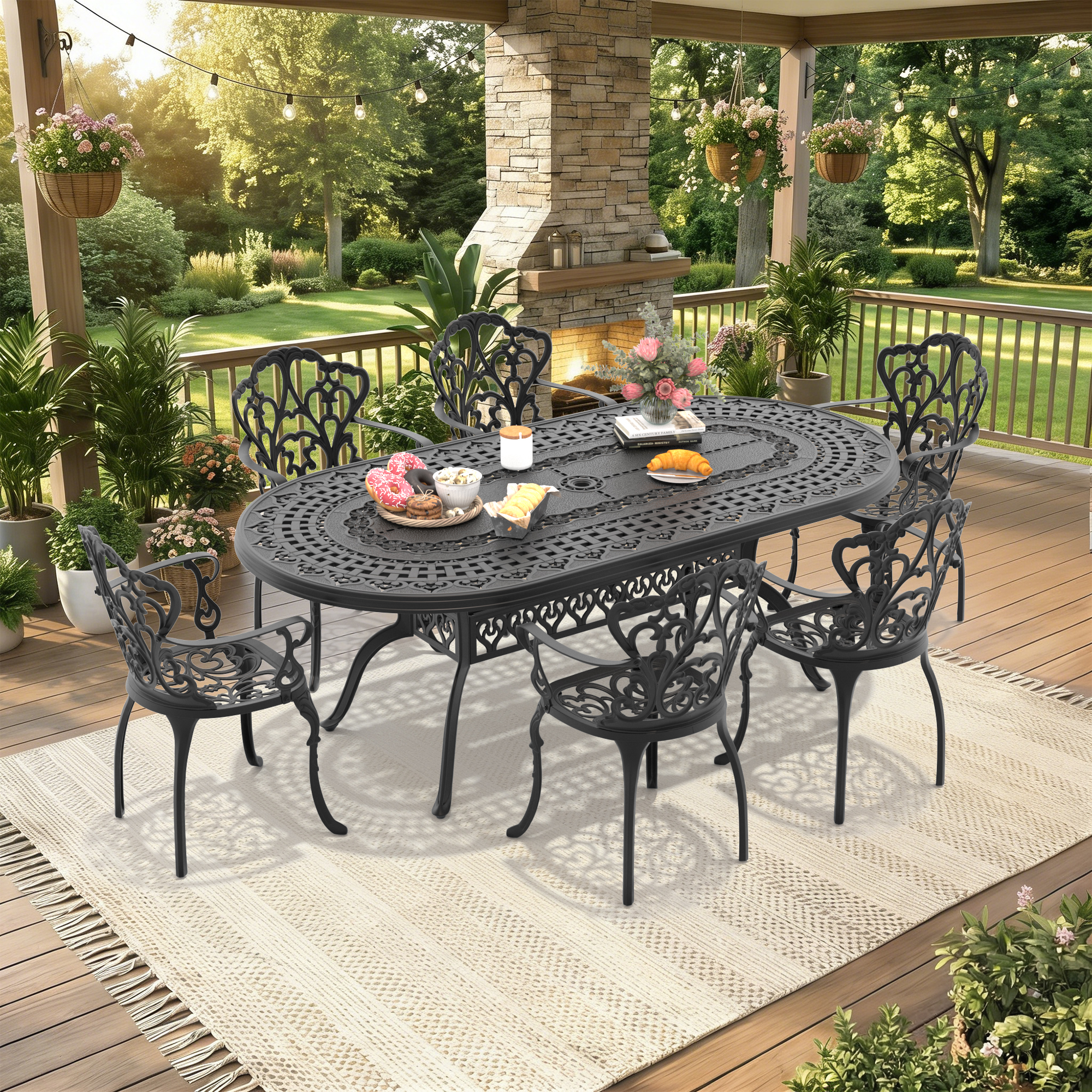 7-Piece Set Of Cast Aluminum Patio Furniture With Black Frame and Off-white Seat Cushions(same as:W1710S00107 ,W1710S00651 ,W1710S00406) - Image 2
