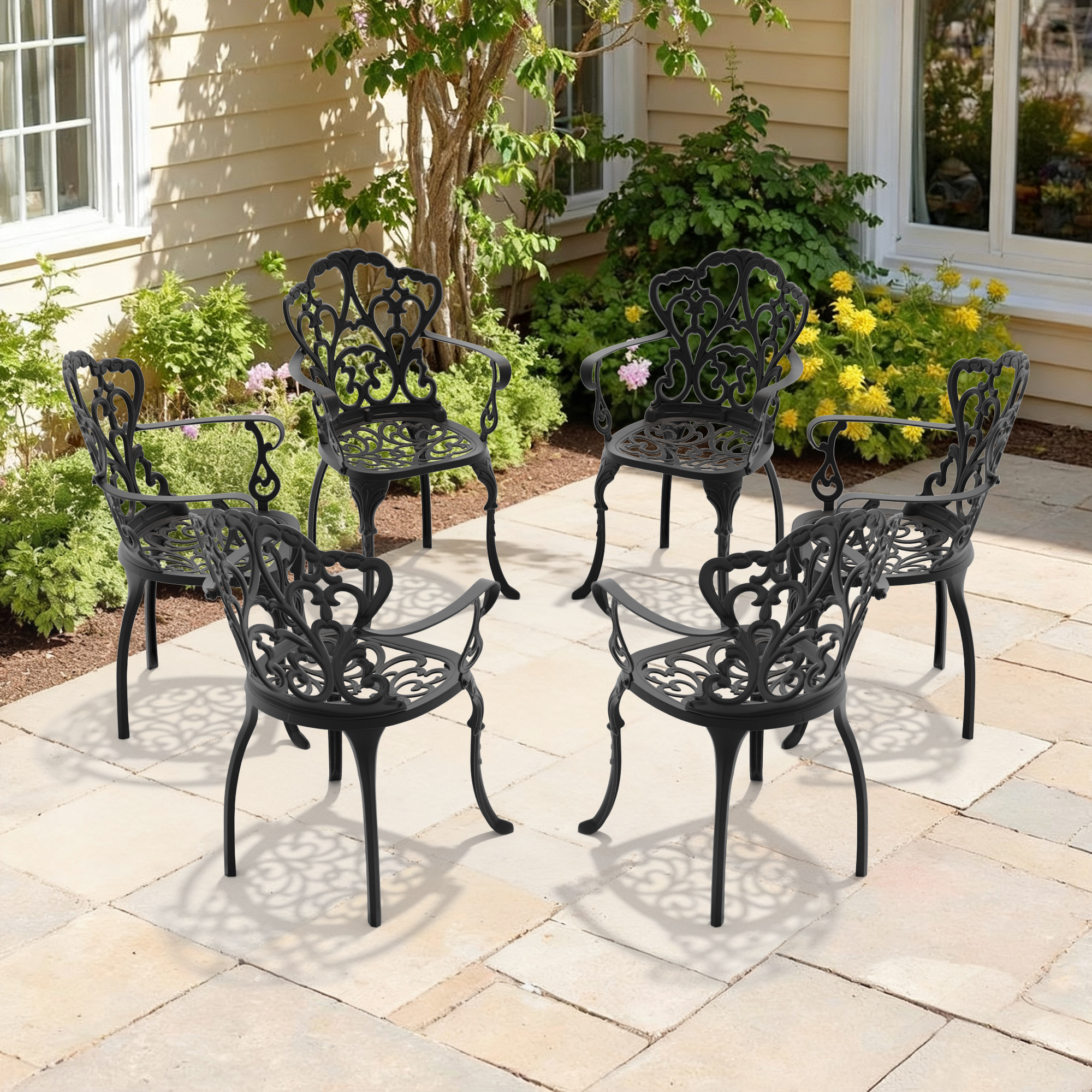Cast Aluminum Patio Dining Chair 6PCS With Black Frame and Off-white Cushions (same sku:W1710P166007) - Image 2