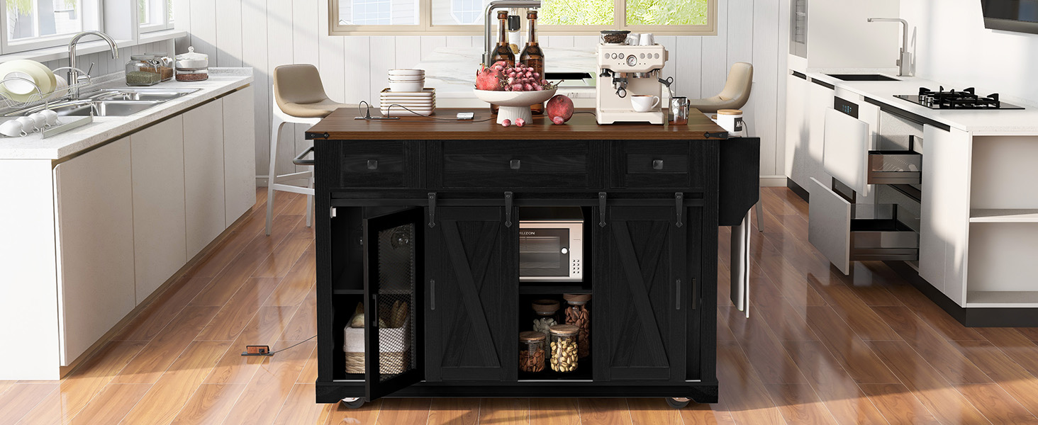 K&K 58" Farmhouse Kitchen Island with Storage, Sliding Barn Door & Metal Grid Side Door, Rolling Kitchen Island on 5 Wheels with Spice Rack, Glass Holders,Island Table with Drop Leaf for Kitchen,Black - Image 3