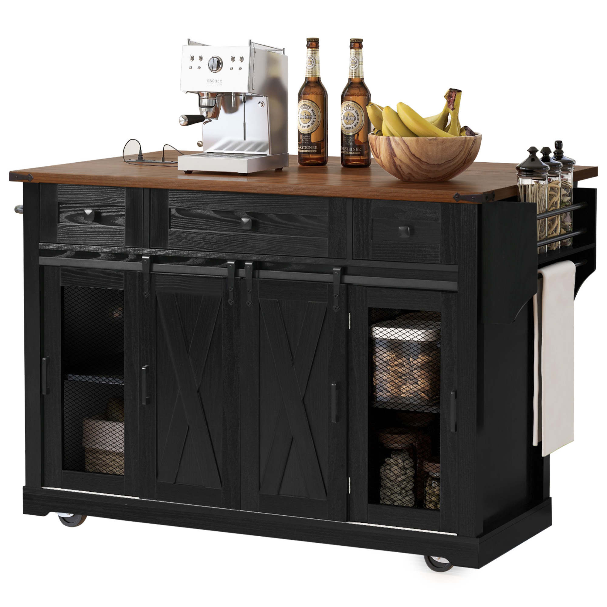 K&K 58" Farmhouse Kitchen Island with Storage, Sliding Barn Door & Metal Grid Side Door, Rolling Kitchen Island on 5 Wheels with Spice Rack, Glass Holders,Island Table with Drop Leaf for Kitchen,Black - Image 2