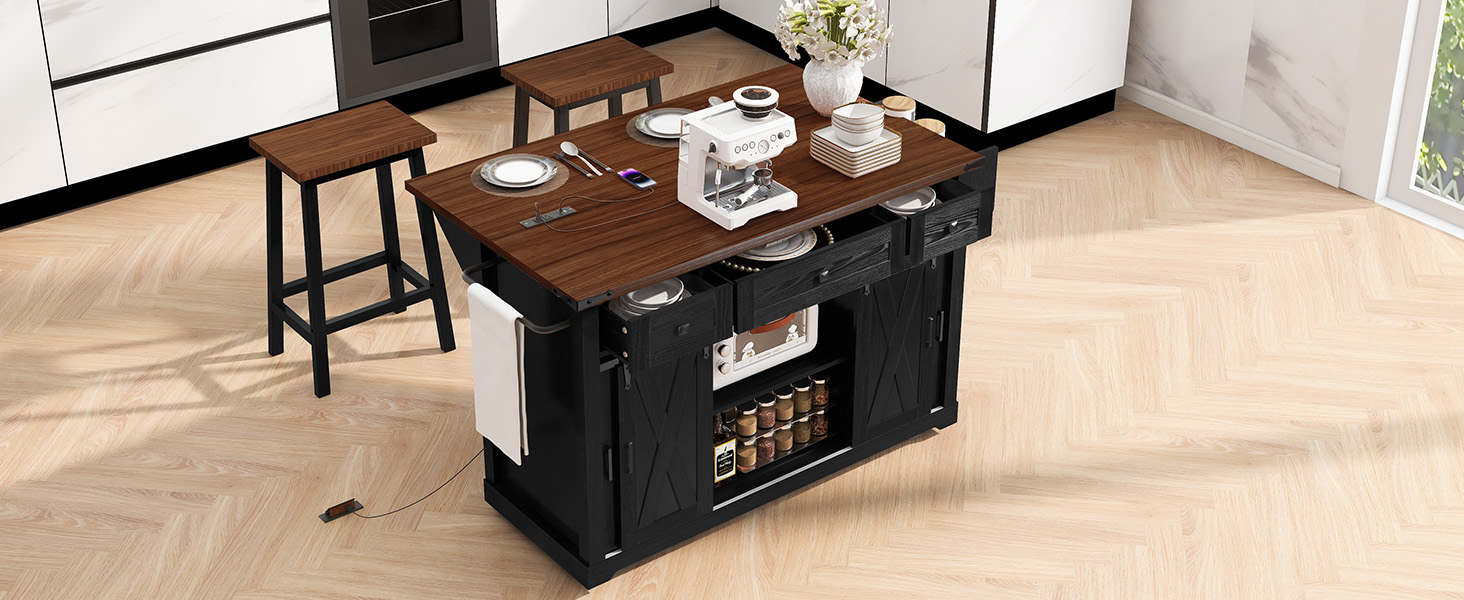 K&K 58" Farmhouse Kitchen Island with Storage, Sliding Barn Door & Metal Grid Side Door, Rolling Kitchen Island on 5 Wheels with Spice Rack, Glass Holders,Island Table with Drop Leaf for Kitchen,Black - Image 4