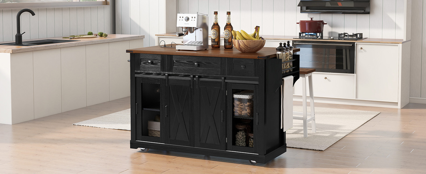 K&K 58" Farmhouse Kitchen Island with Storage, Sliding Barn Door & Metal Grid Side Door, Rolling Kitchen Island on 5 Wheels with Spice Rack, Glass Holders,Island Table with Drop Leaf for Kitchen,Black - Image 5