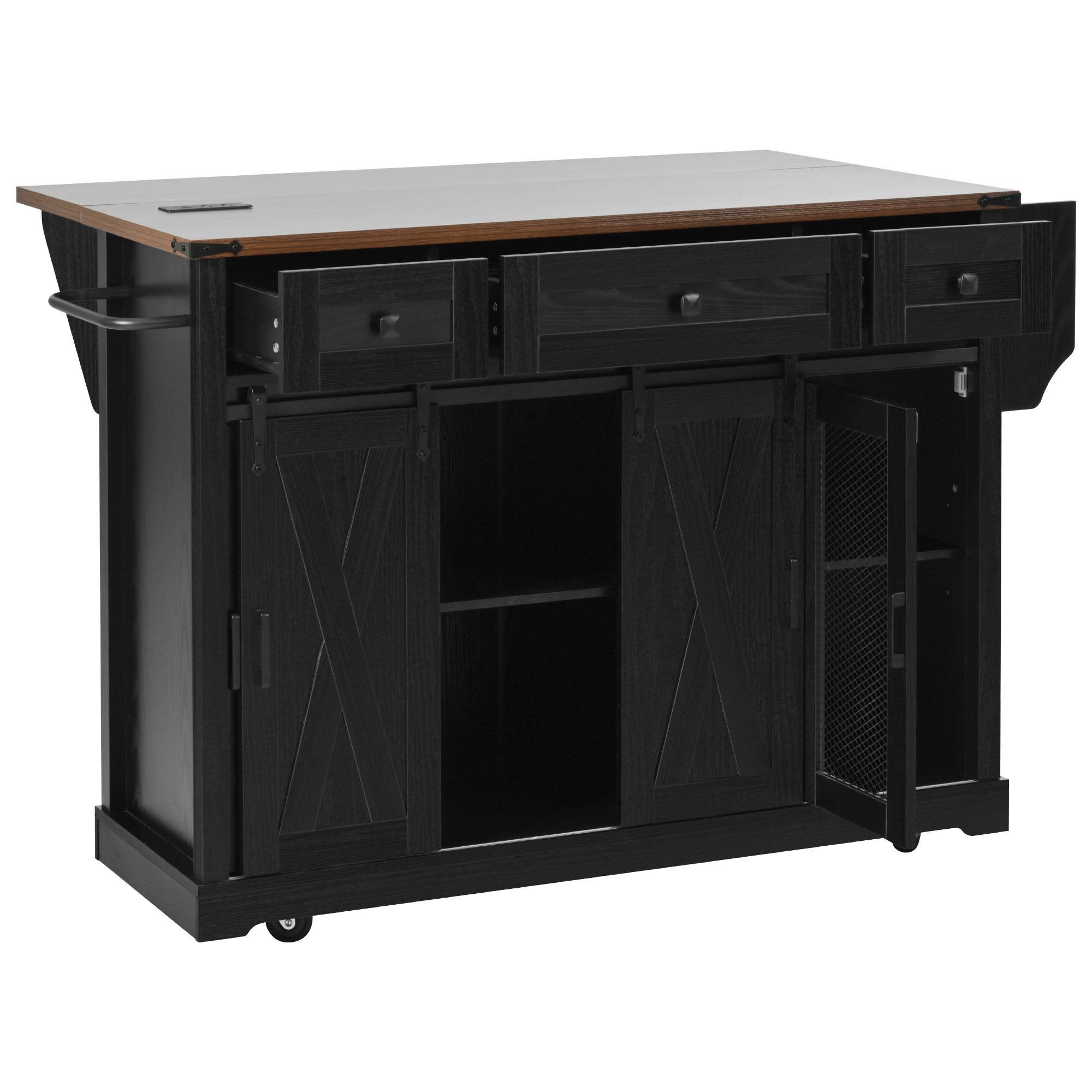 K&K 58" Farmhouse Kitchen Island with Storage, Sliding Barn Door & Metal Grid Side Door, Rolling Kitchen Island on 5 Wheels with Spice Rack, Glass Holders,Island Table with Drop Leaf for Kitchen,Black - Image 6