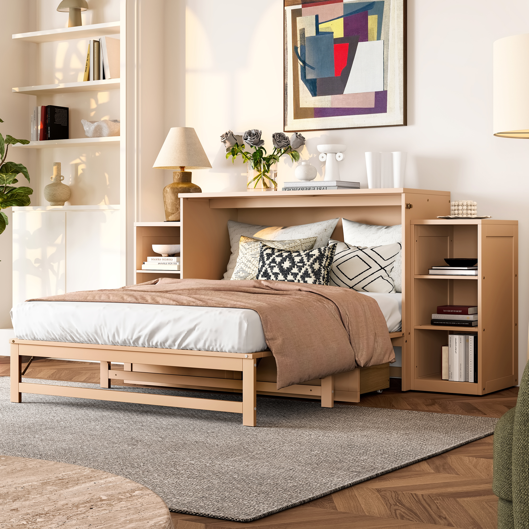 Full size Murphy bed with spacious storage drawers and shelves. Ideal for guest rooms or compact bedrooms.Golden - Image 2