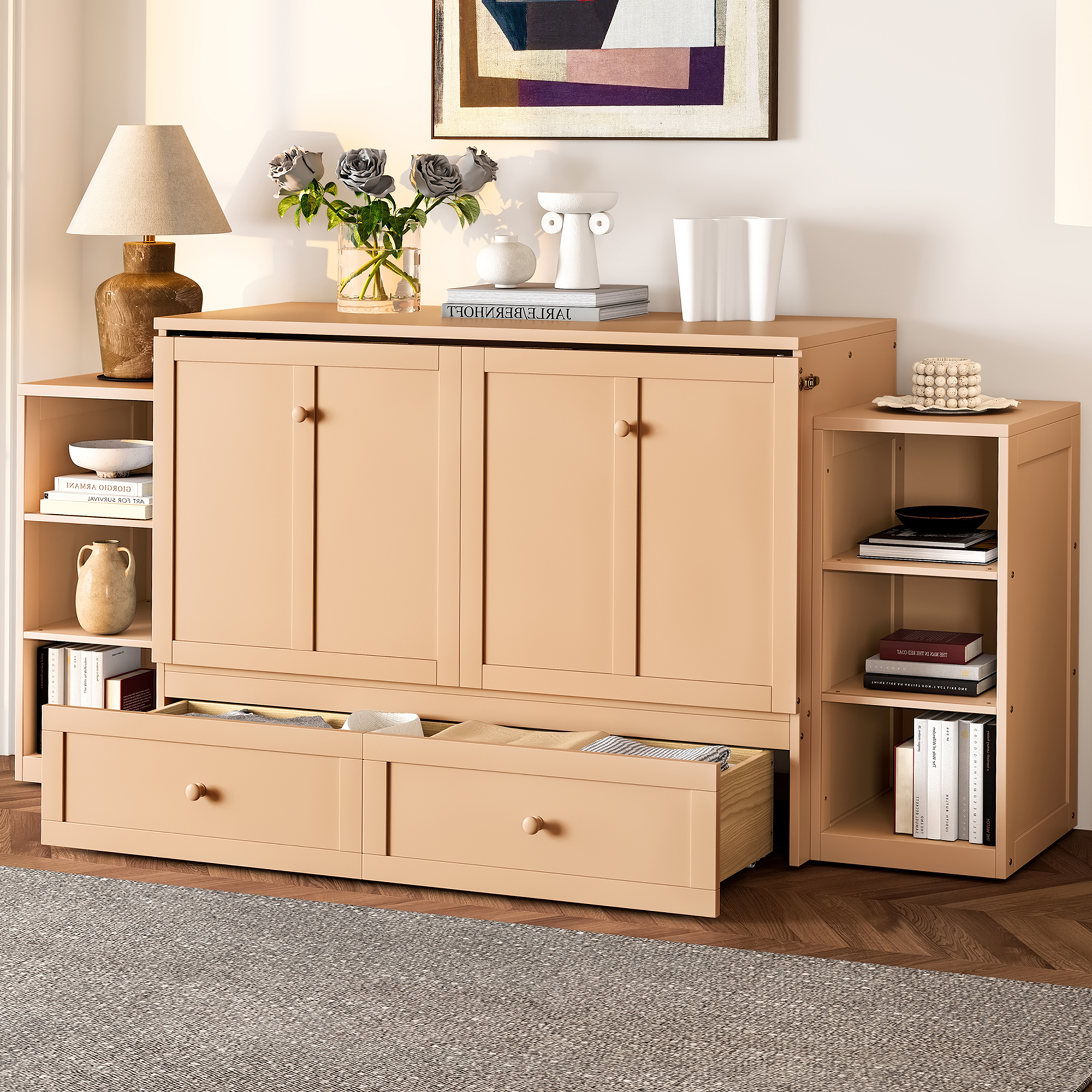 Full size Murphy bed with spacious storage drawers and shelves. Ideal for guest rooms or compact bedrooms.Golden - Image 3