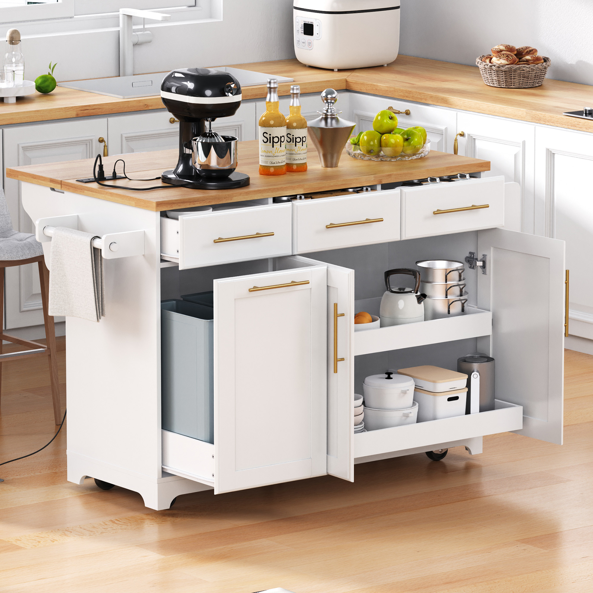 K&K 59.3" Kitchen Island with Storage 2 Pull Out Cabinet Organizers & Rubber Wood Drop Leaf, Rolling Kitchen Island with Trash Can Storage, Power Outlet, Spice & Towel Rack for Kitchen, Dining, White - Image 2