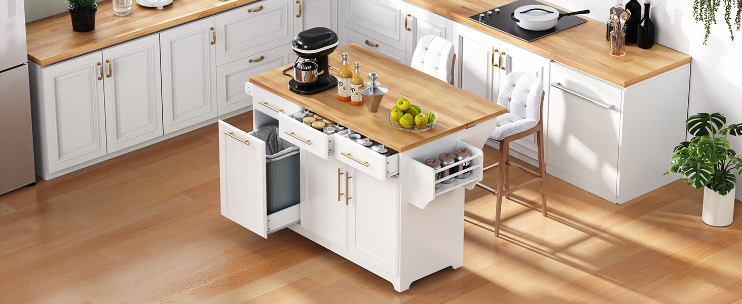 K&K 59.3" Kitchen Island with Storage 2 Pull Out Cabinet Organizers & Rubber Wood Drop Leaf, Rolling Kitchen Island with Trash Can Storage, Power Outlet, Spice & Towel Rack for Kitchen, Dining, White - Image 3