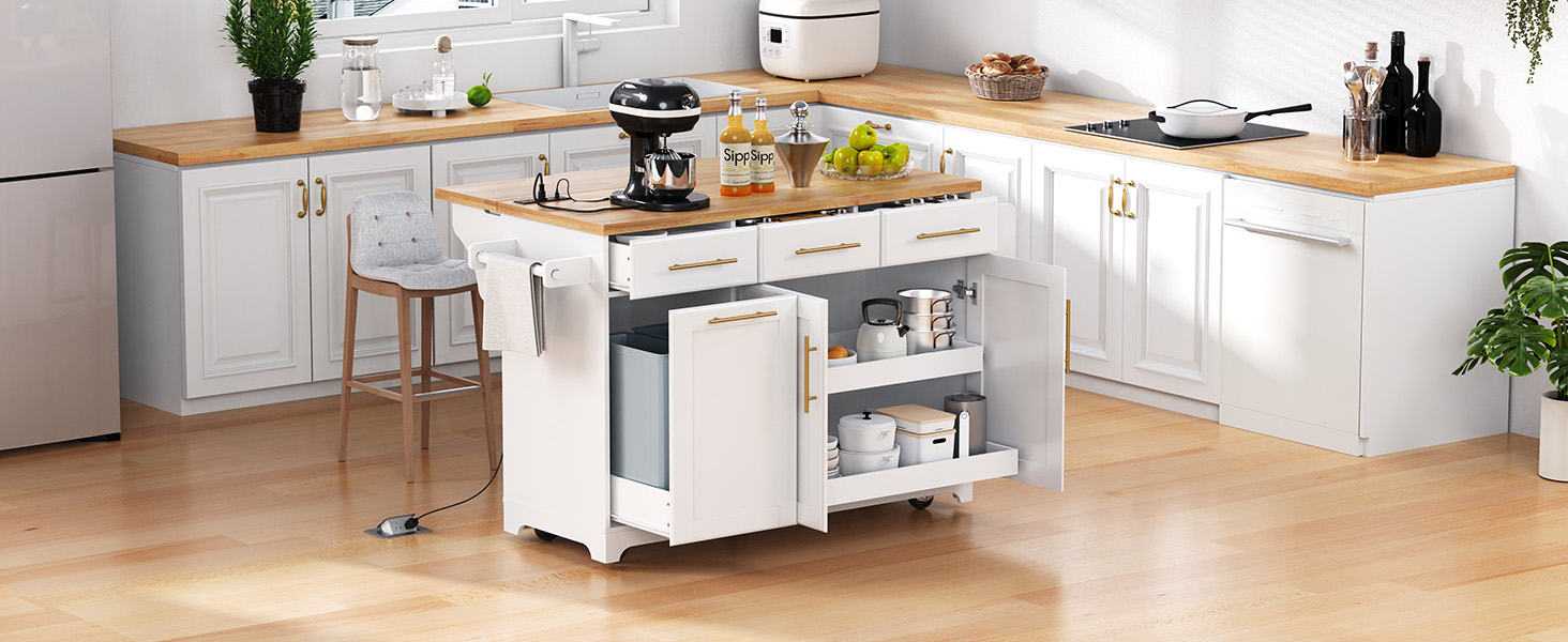 K&K 59.3" Kitchen Island with Storage 2 Pull Out Cabinet Organizers & Rubber Wood Drop Leaf, Rolling Kitchen Island with Trash Can Storage, Power Outlet, Spice & Towel Rack for Kitchen, Dining, White - Image 4