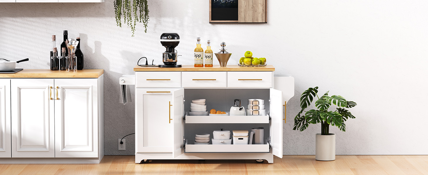 K&K 59.3" Kitchen Island with Storage 2 Pull Out Cabinet Organizers & Rubber Wood Drop Leaf, Rolling Kitchen Island with Trash Can Storage, Power Outlet, Spice & Towel Rack for Kitchen, Dining, White - Image 5