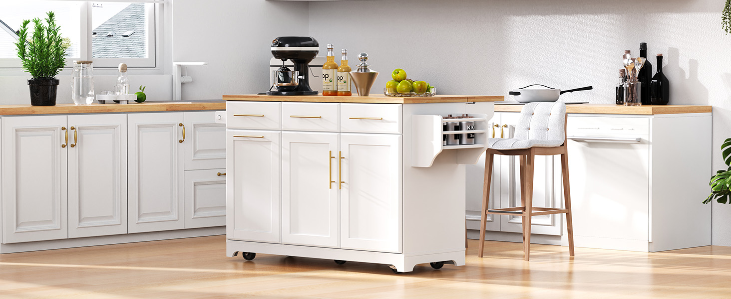 K&K 59.3" Kitchen Island with Storage 2 Pull Out Cabinet Organizers & Rubber Wood Drop Leaf, Rolling Kitchen Island with Trash Can Storage, Power Outlet, Spice & Towel Rack for Kitchen, Dining, White - Image 6