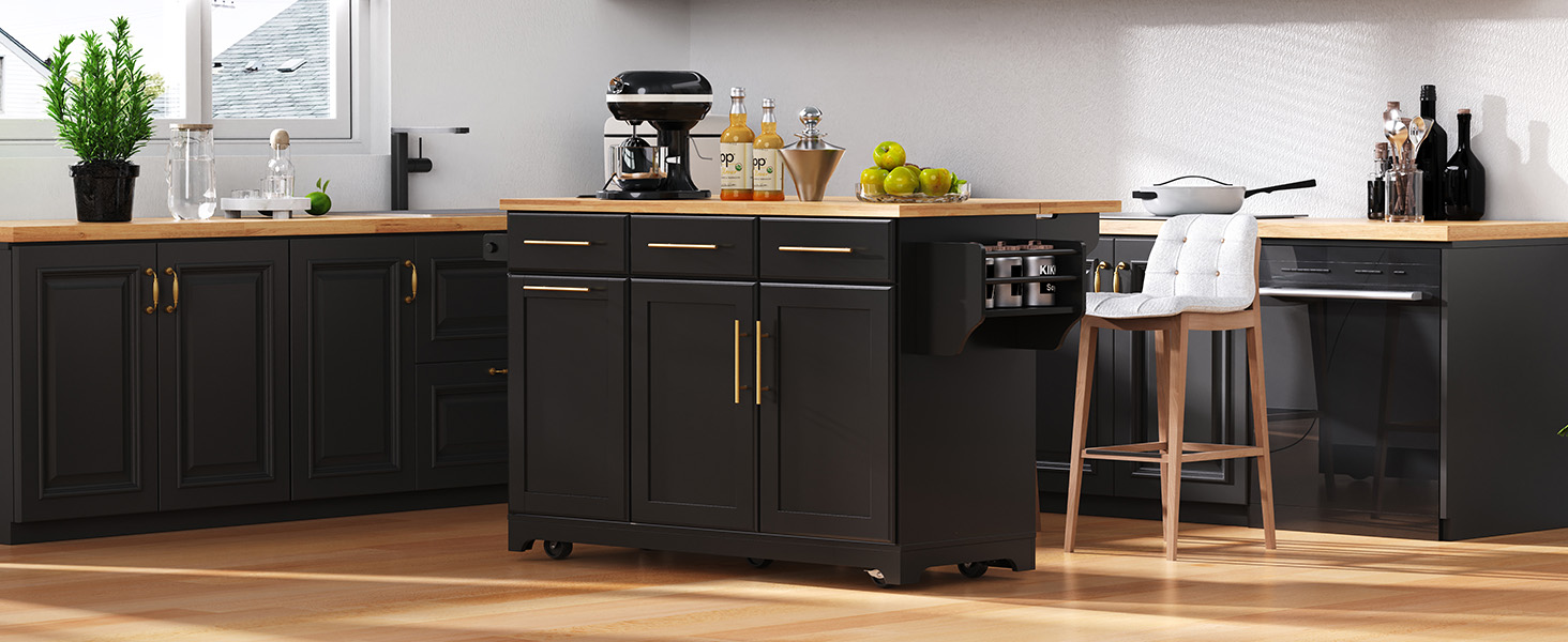 K&K 59.3" Kitchen Island with Storage 2 Pull Out Cabinet Organizers & Rubber Wood Drop Leaf, Rolling Kitchen Island with Trash Can Storage, Power Outlet, Spice & Towel Rack for Kitchen, Dining, Black - Image 3