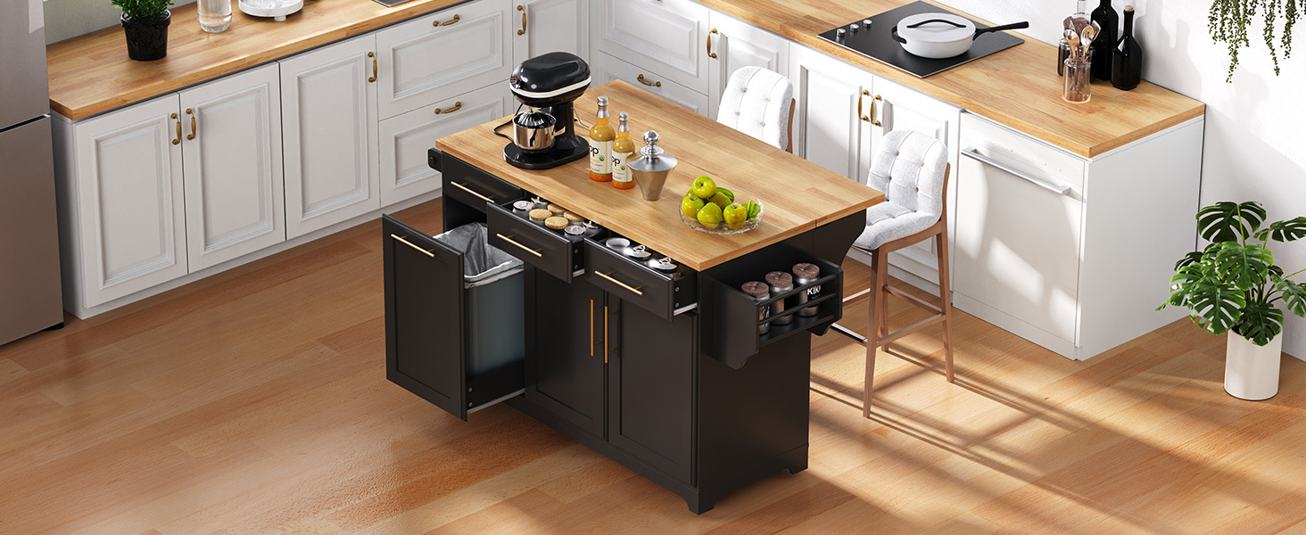 K&K 59.3" Kitchen Island with Storage 2 Pull Out Cabinet Organizers & Rubber Wood Drop Leaf, Rolling Kitchen Island with Trash Can Storage, Power Outlet, Spice & Towel Rack for Kitchen, Dining, Black - Image 2
