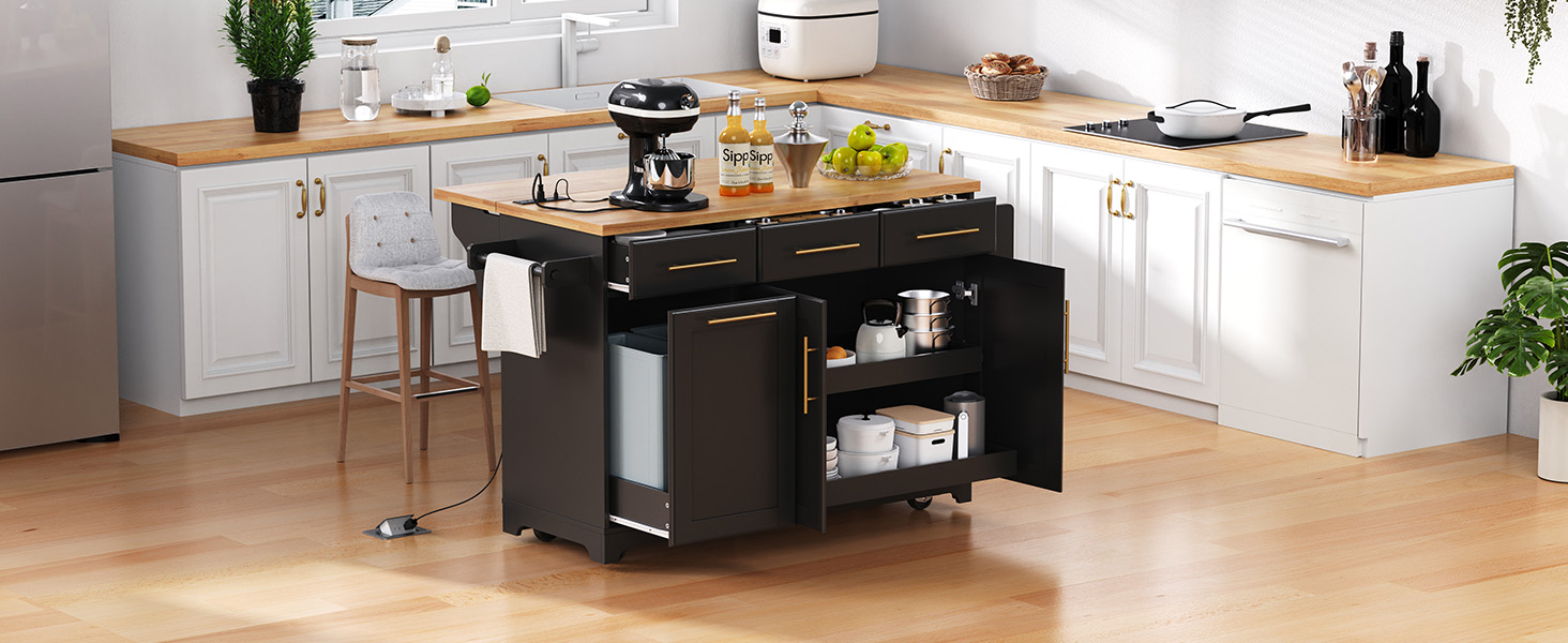 K&K 59.3" Kitchen Island with Storage 2 Pull Out Cabinet Organizers & Rubber Wood Drop Leaf, Rolling Kitchen Island with Trash Can Storage, Power Outlet, Spice & Towel Rack for Kitchen, Dining, Black - Image 4