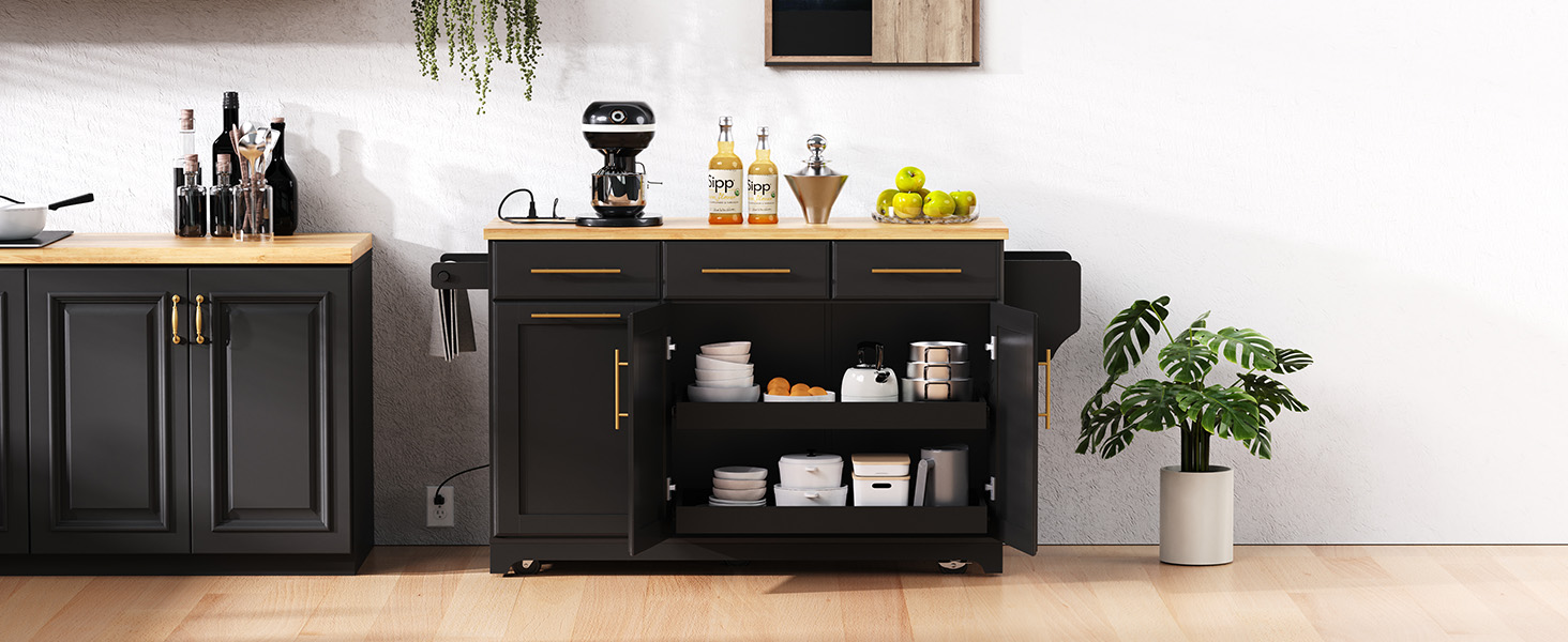 K&K 59.3" Kitchen Island with Storage 2 Pull Out Cabinet Organizers & Rubber Wood Drop Leaf, Rolling Kitchen Island with Trash Can Storage, Power Outlet, Spice & Towel Rack for Kitchen, Dining, Black - Image 5