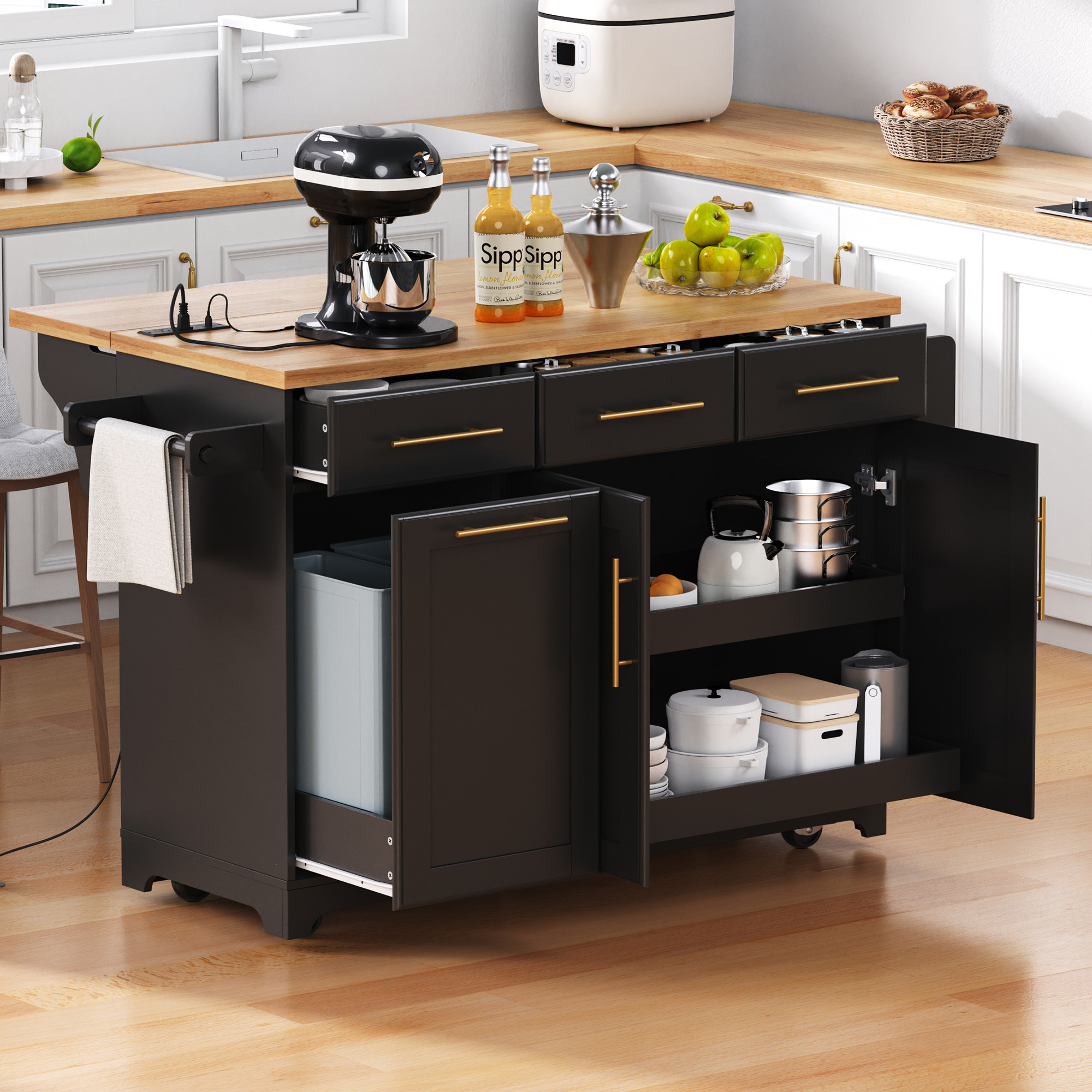 K&K 59.3" Kitchen Island with Storage 2 Pull Out Cabinet Organizers & Rubber Wood Drop Leaf, Rolling Kitchen Island with Trash Can Storage, Power Outlet, Spice & Towel Rack for Kitchen, Dining, Black - Image 6