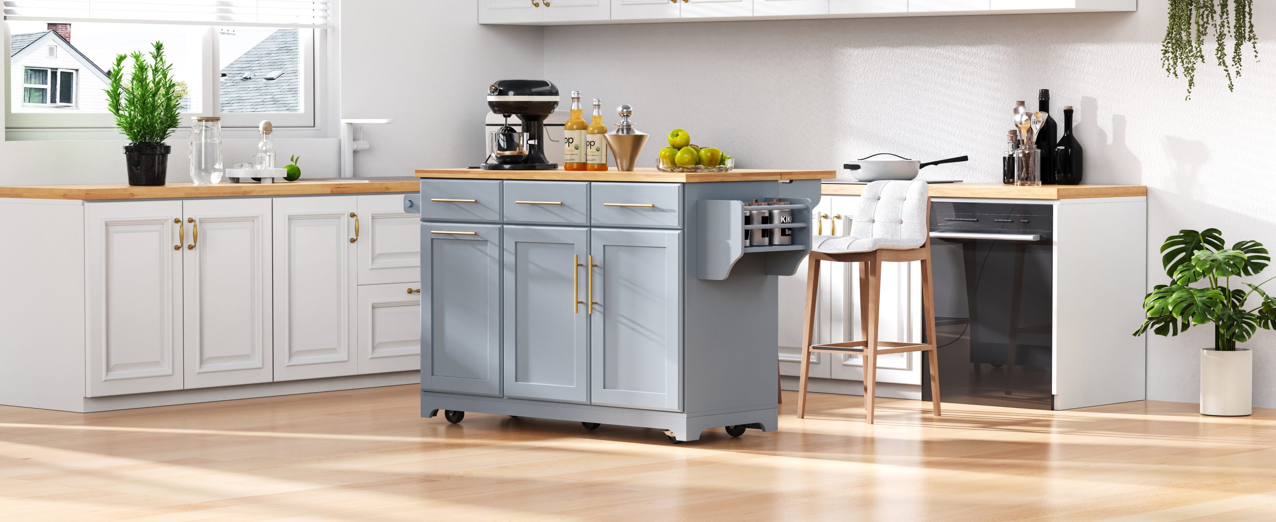 K&K 59.3" Kitchen Island with 2 Pull Out Cabinet Organizers & Rubber Wood Drop Leaf, Rolling Kitchen Island with Trash Can Storage, Power Outlet, Spice & Towel Rack for Kitchen, Dining, Grey Blue - Image 2