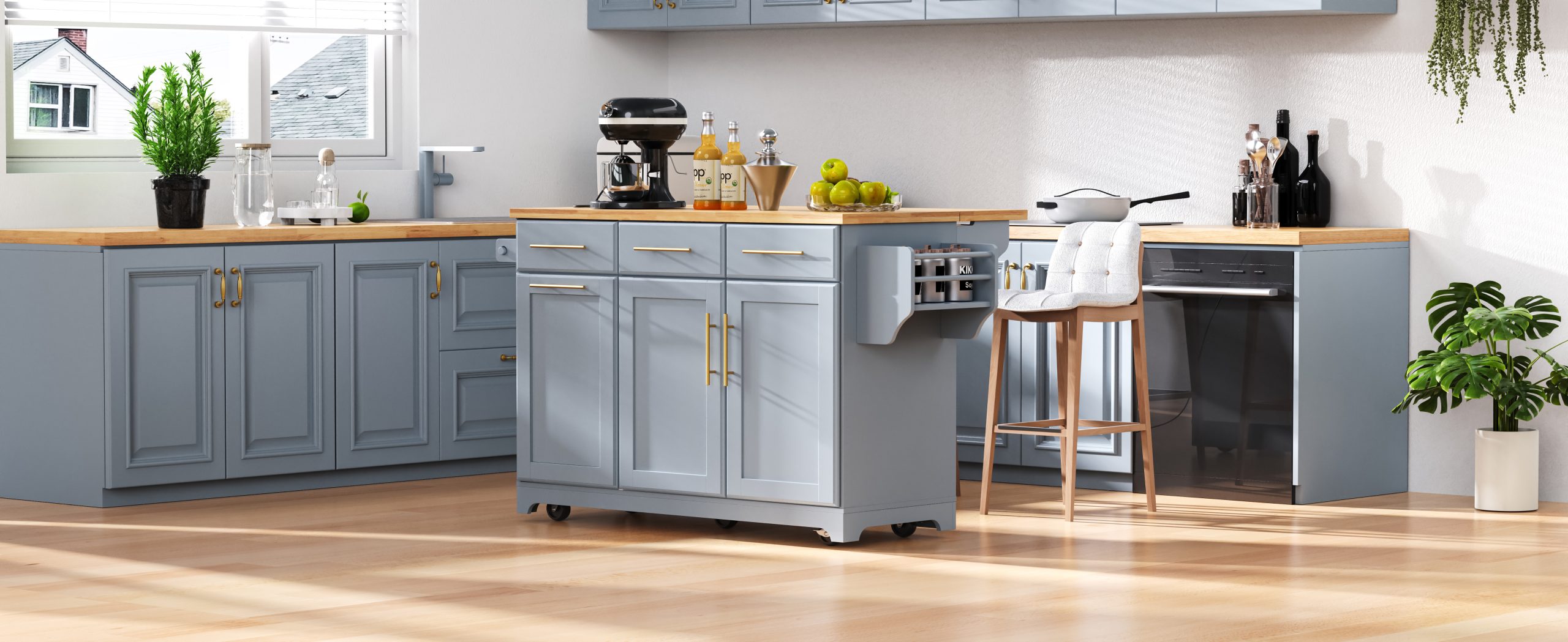 K&K 59.3" Kitchen Island with 2 Pull Out Cabinet Organizers & Rubber Wood Drop Leaf, Rolling Kitchen Island with Trash Can Storage, Power Outlet, Spice & Towel Rack for Kitchen, Dining, Grey Blue - Image 3
