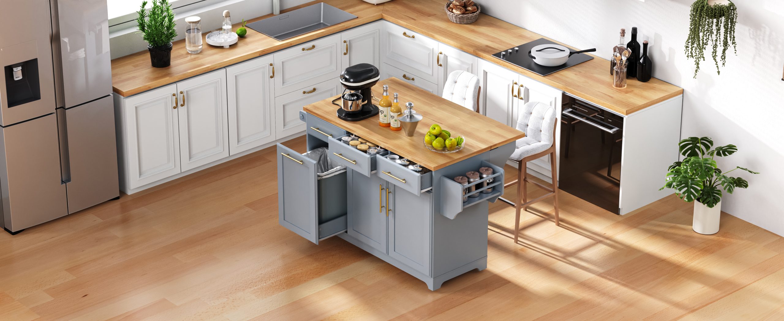 K&K 59.3" Kitchen Island with 2 Pull Out Cabinet Organizers & Rubber Wood Drop Leaf, Rolling Kitchen Island with Trash Can Storage, Power Outlet, Spice & Towel Rack for Kitchen, Dining, Grey Blue - Image 4