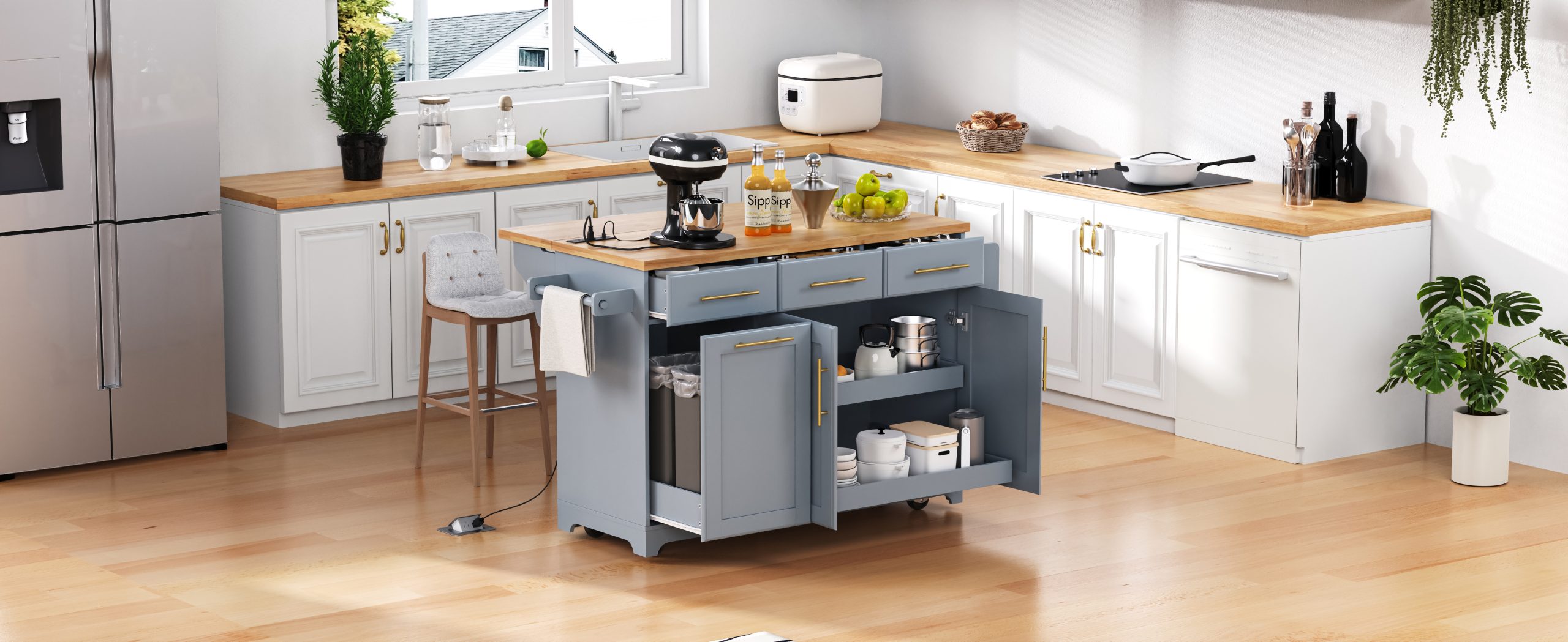 K&K 59.3" Kitchen Island with 2 Pull Out Cabinet Organizers & Rubber Wood Drop Leaf, Rolling Kitchen Island with Trash Can Storage, Power Outlet, Spice & Towel Rack for Kitchen, Dining, Grey Blue - Image 5