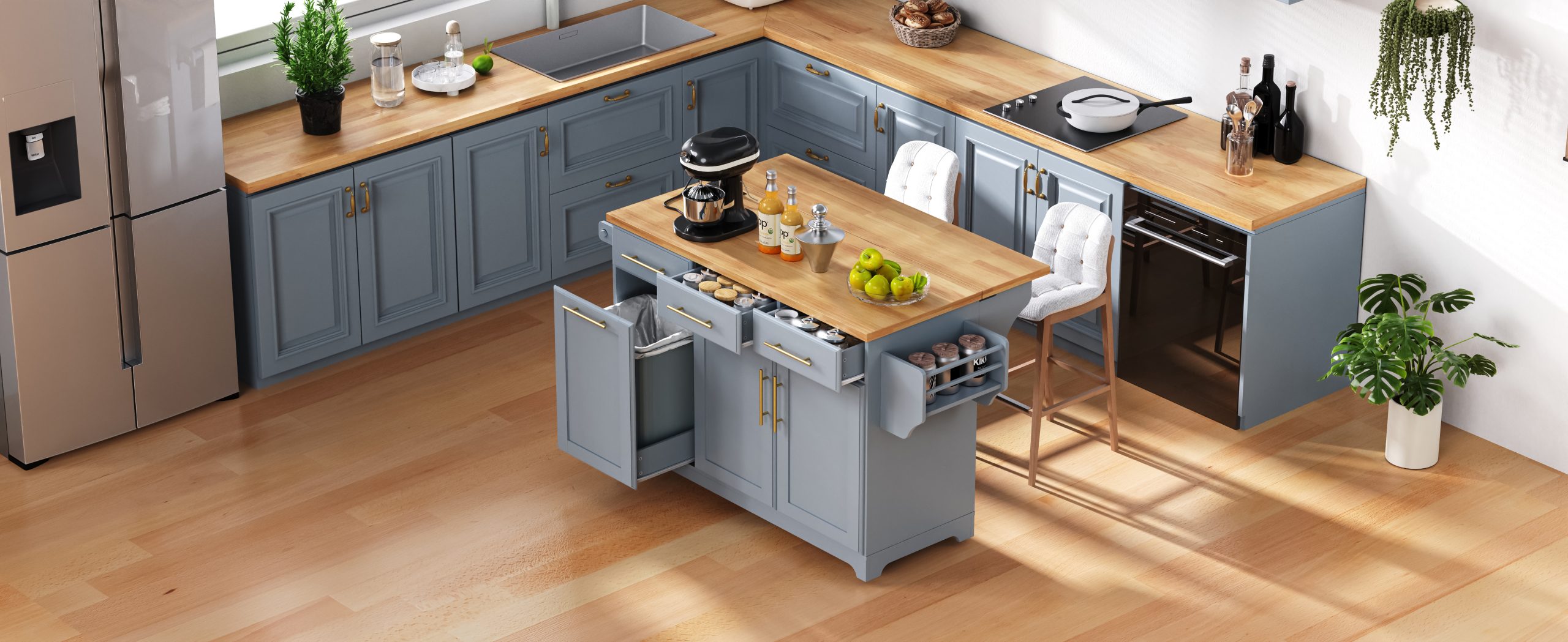 K&K 59.3" Kitchen Island with 2 Pull Out Cabinet Organizers & Rubber Wood Drop Leaf, Rolling Kitchen Island with Trash Can Storage, Power Outlet, Spice & Towel Rack for Kitchen, Dining, Grey Blue - Image 6