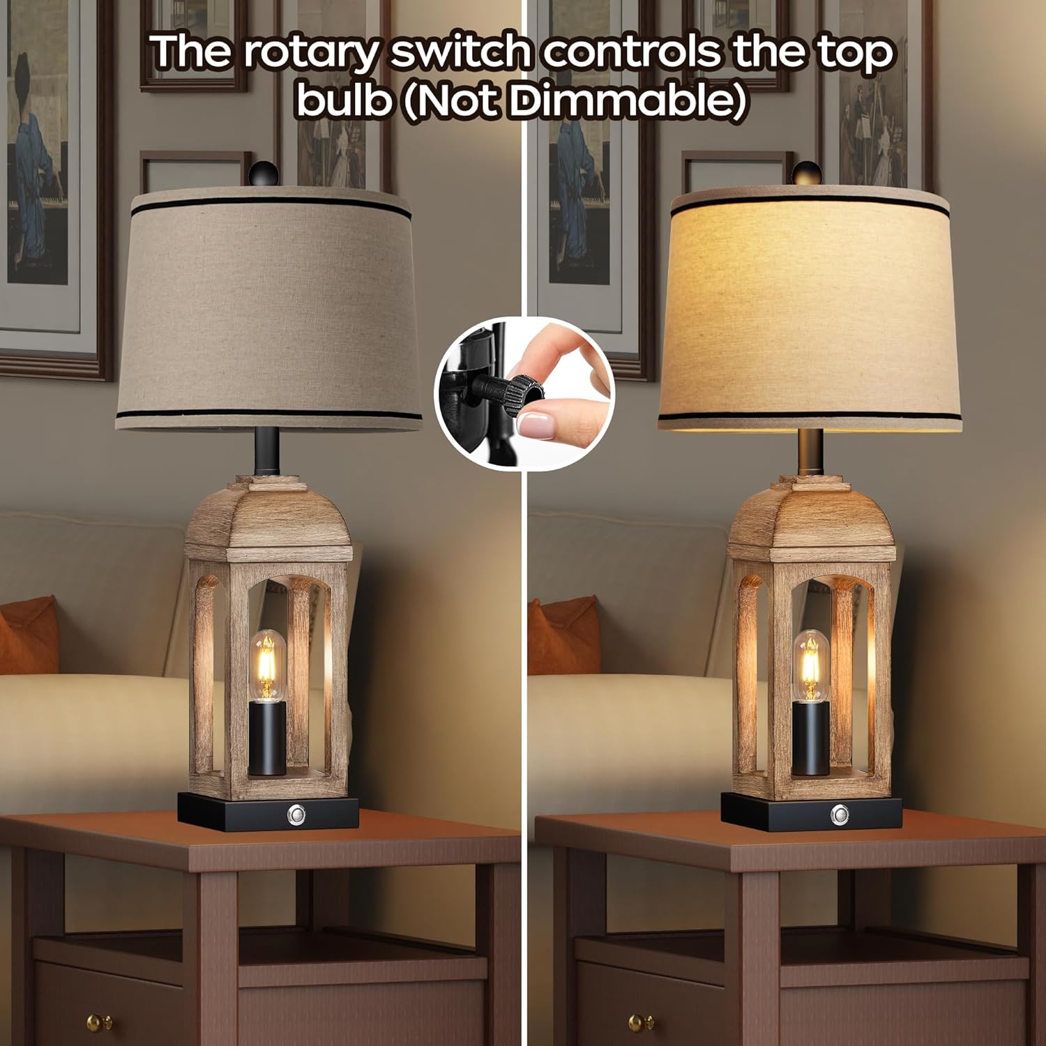 Table Lamp for Living Room, Farmhouse Lamps Set of 2 with USB A+C and Nightlight, 26" Rustic Bedside Lamps with 3-Way Dimmable Touch Control, Nightstand Lamp for Bedroom Decor, Wood Grain - Image 2