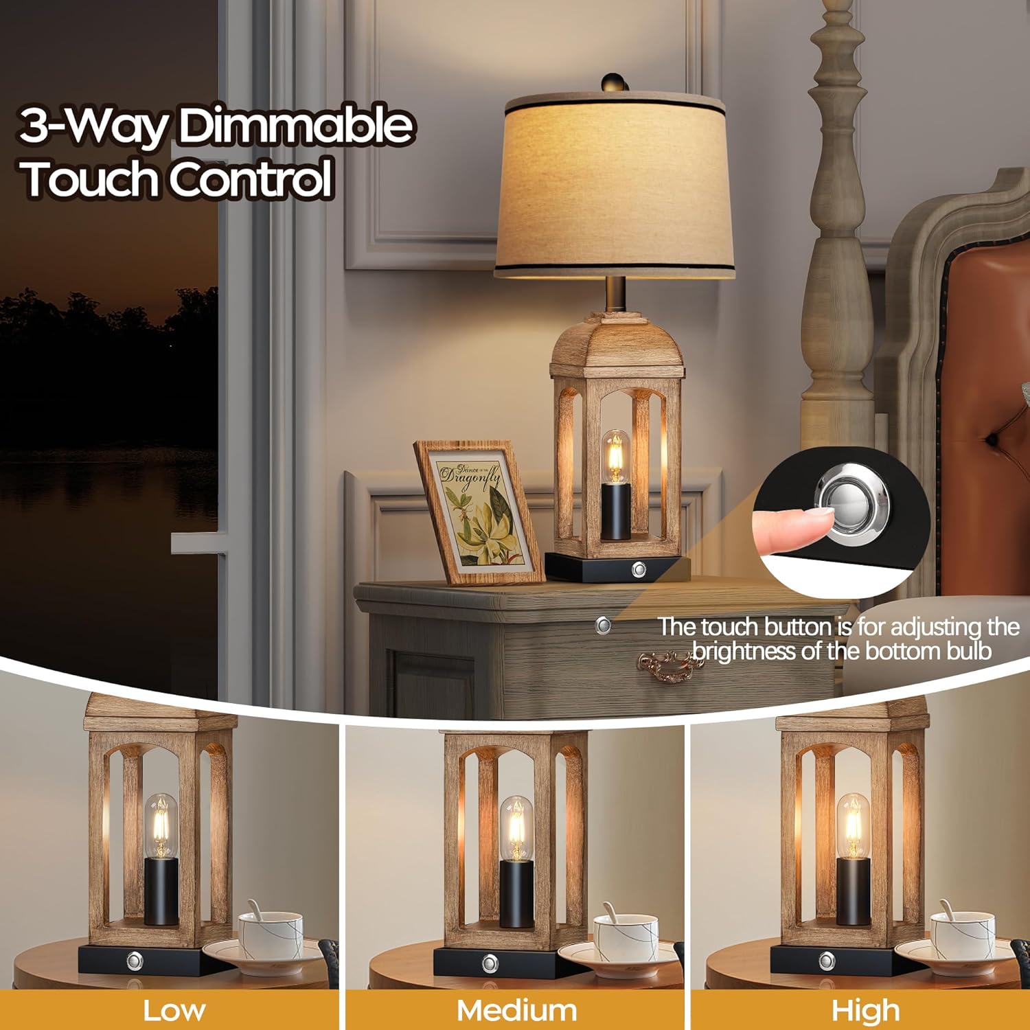 Table Lamp for Living Room, Farmhouse Lamps Set of 2 with USB A+C and Nightlight, 26" Rustic Bedside Lamps with 3-Way Dimmable Touch Control, Nightstand Lamp for Bedroom Decor, Wood Grain - Image 4