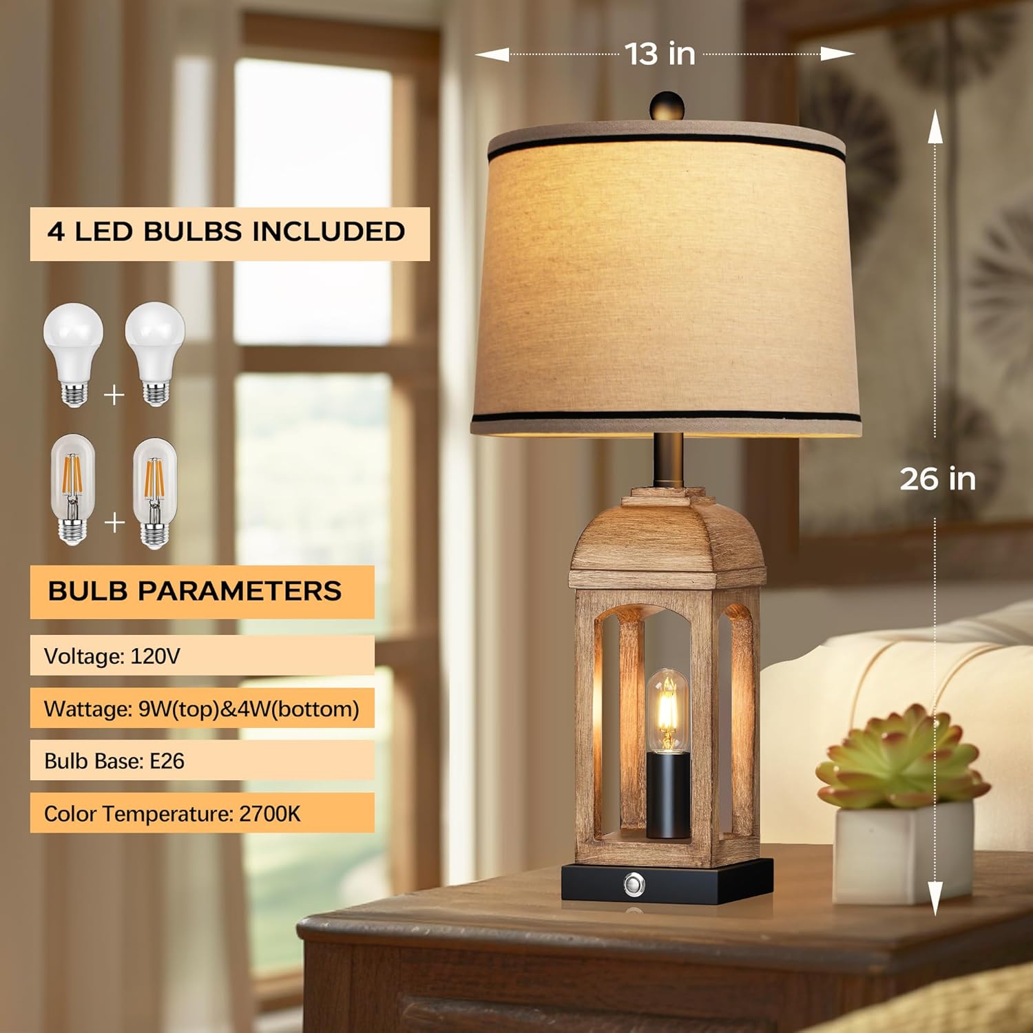 Table Lamp for Living Room, Farmhouse Lamps Set of 2 with USB A+C and Nightlight, 26" Rustic Bedside Lamps with 3-Way Dimmable Touch Control, Nightstand Lamp for Bedroom Decor, Wood Grain - Image 3