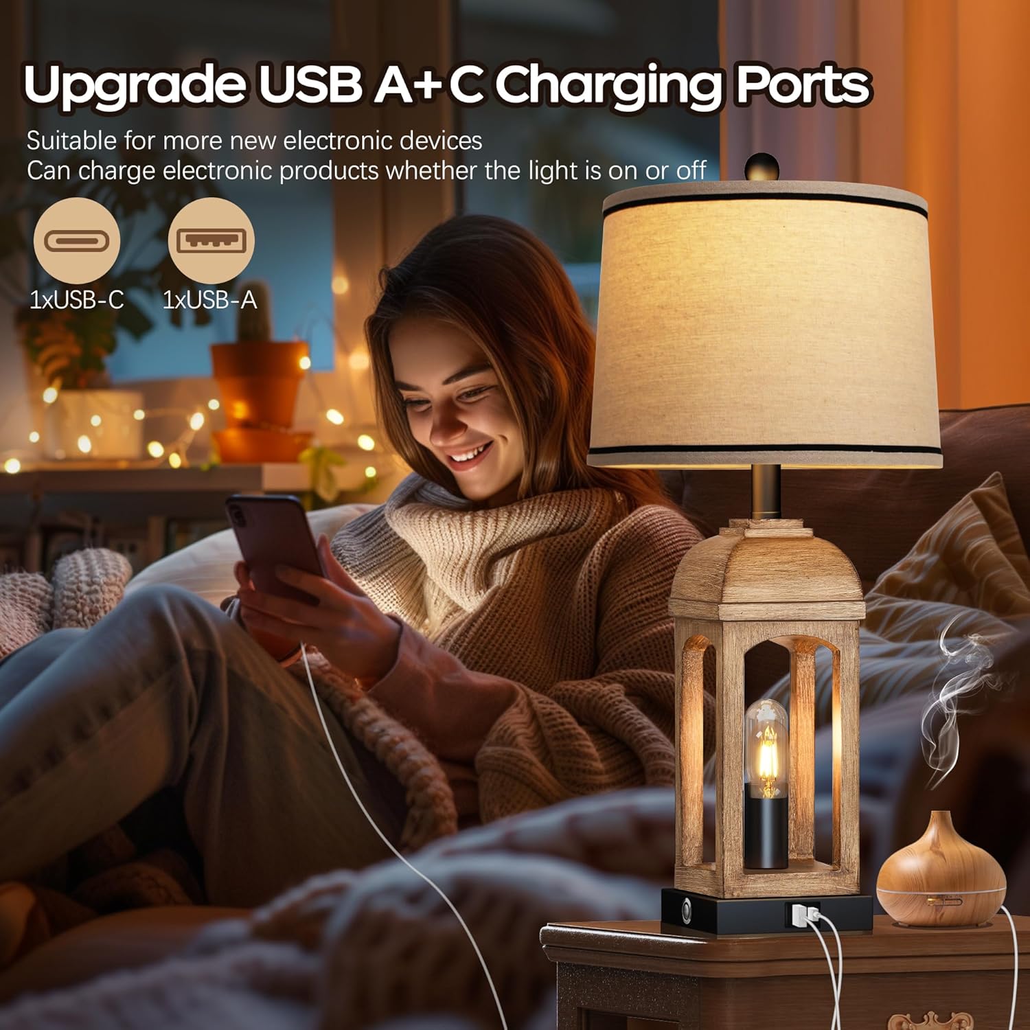 Table Lamp for Living Room, Farmhouse Lamps Set of 2 with USB A+C and Nightlight, 26" Rustic Bedside Lamps with 3-Way Dimmable Touch Control, Nightstand Lamp for Bedroom Decor, Wood Grain - Image 5