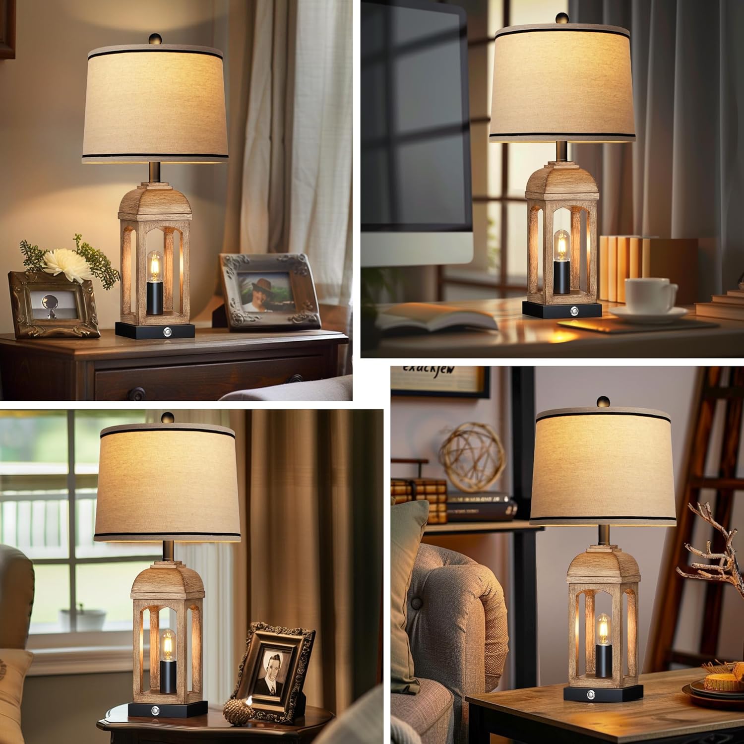 Table Lamp for Living Room, Farmhouse Lamps Set of 2 with USB A+C and Nightlight, 26" Rustic Bedside Lamps with 3-Way Dimmable Touch Control, Nightstand Lamp for Bedroom Decor, Wood Grain - Image 6