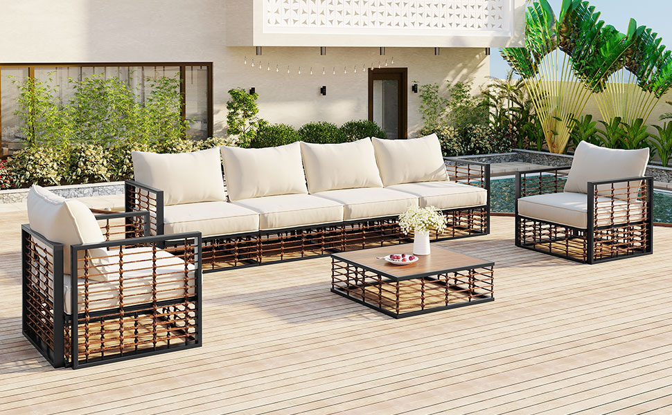 TOPMAX Modern Minimalist 7-Piece Metal Patio Sectional Sofa Set, All-Weather Garden Conversational Furniture Set with Thick Cushions and Coffee Table for Indoor Outdoor, Dark Grey - Image 4