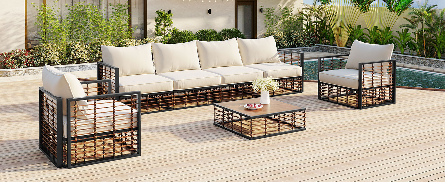 TOPMAX Modern Minimalist 7-Piece Metal Patio Sectional Sofa Set, All-Weather Garden Conversational Furniture Set with Thick Cushions and Coffee Table for Indoor Outdoor, Dark Grey - Image 5