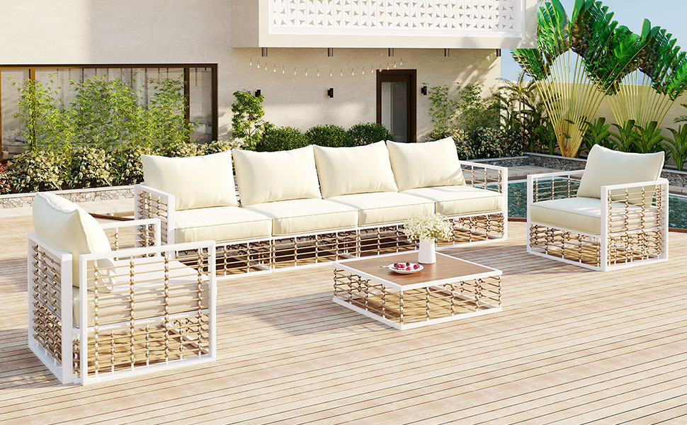 TOPMAX Modern Minimalist 7-Piece Metal Patio Sectional Sofa Set, All-Weather Garden Conversational Furniture Set with Thick Cushions and Coffee Table for Indoor Outdoor, White - Image 4