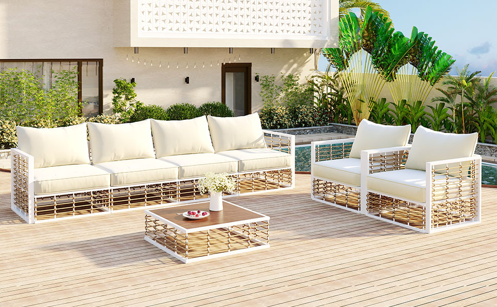 TOPMAX Modern Minimalist 7-Piece Metal Patio Sectional Sofa Set, All-Weather Garden Conversational Furniture Set with Thick Cushions and Coffee Table for Indoor Outdoor, White - Image 3