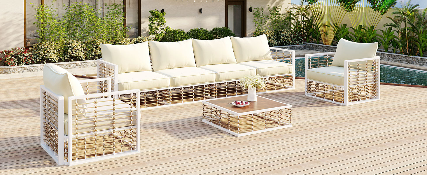 TOPMAX Modern Minimalist 7-Piece Metal Patio Sectional Sofa Set, All-Weather Garden Conversational Furniture Set with Thick Cushions and Coffee Table for Indoor Outdoor, White - Image 5