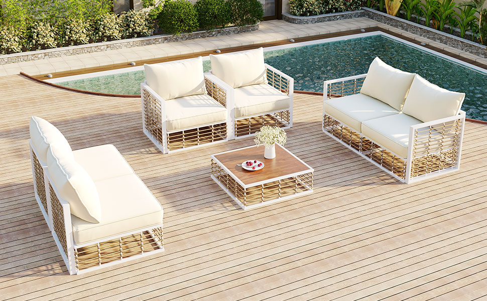 TOPMAX Modern Minimalist 7-Piece Metal Patio Sectional Sofa Set, All-Weather Garden Conversational Furniture Set with Thick Cushions and Coffee Table for Indoor Outdoor, White - Image 6