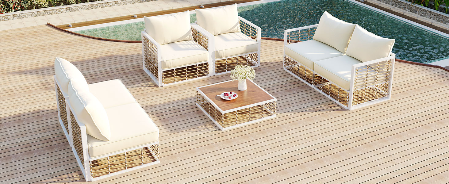 TOPMAX Modern Minimalist 7-Piece Metal Patio Sectional Sofa Set, All-Weather Garden Conversational Furniture Set with Thick Cushions and Coffee Table for Indoor Outdoor, White - Image 6