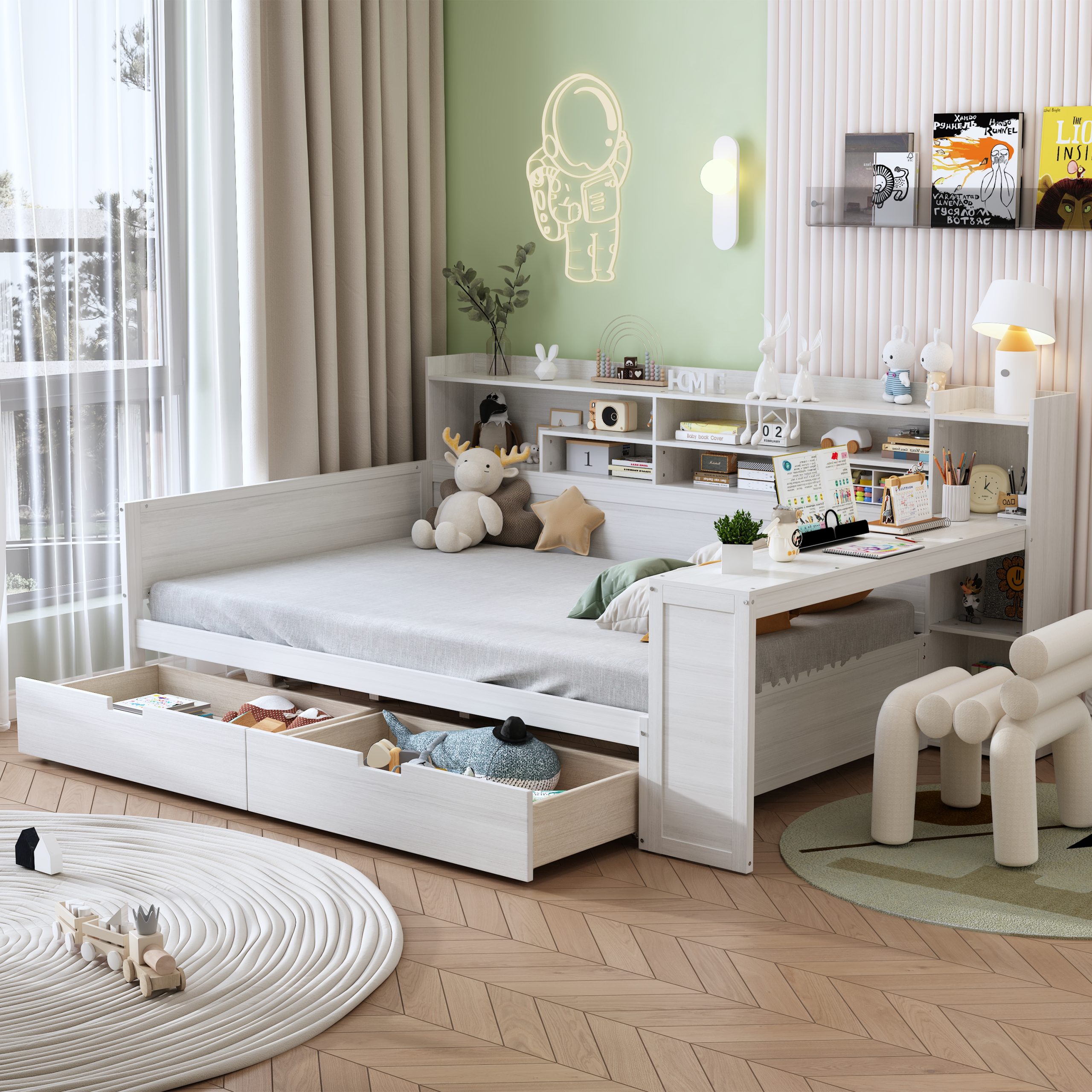 Wooden Full Size Daybed with Storage Shelves, Multi-functional Bed with Two Storage Drawers and Study Desk, Antique White (Old SKU: N733S241486K)