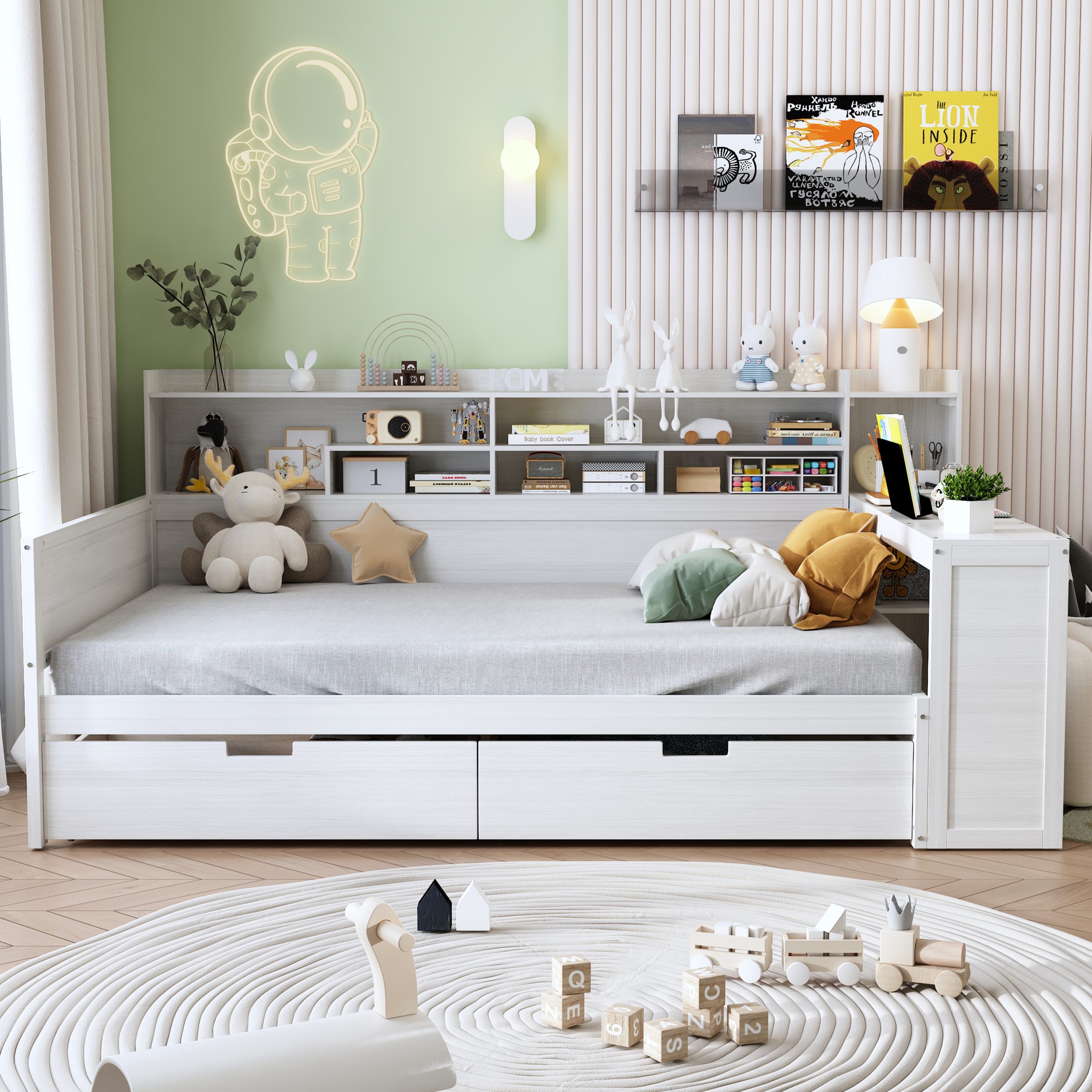 Wooden Full Size Daybed with Storage Shelves, Multi-functional Bed with Two Storage Drawers and Study Desk, Antique White (Old SKU: N733S241486K) - Image 2