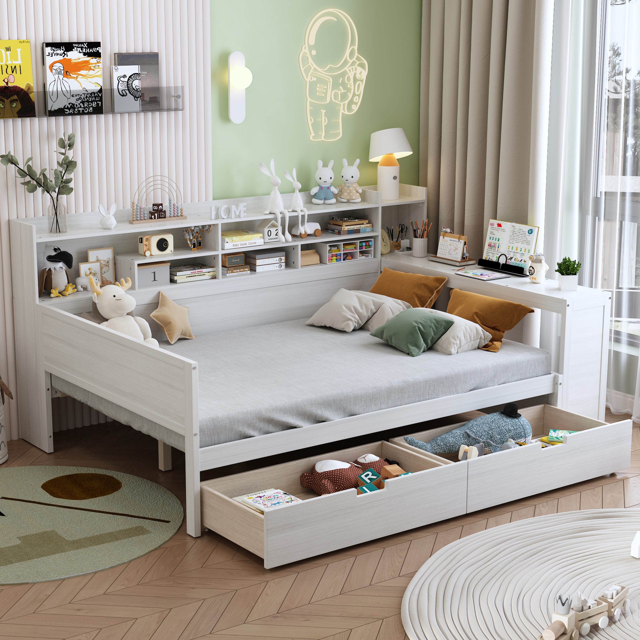 Wooden Full Size Daybed with Storage Shelves, Multi-functional Bed with Two Storage Drawers and Study Desk, Antique White (Old SKU: N733S241486K) - Image 3