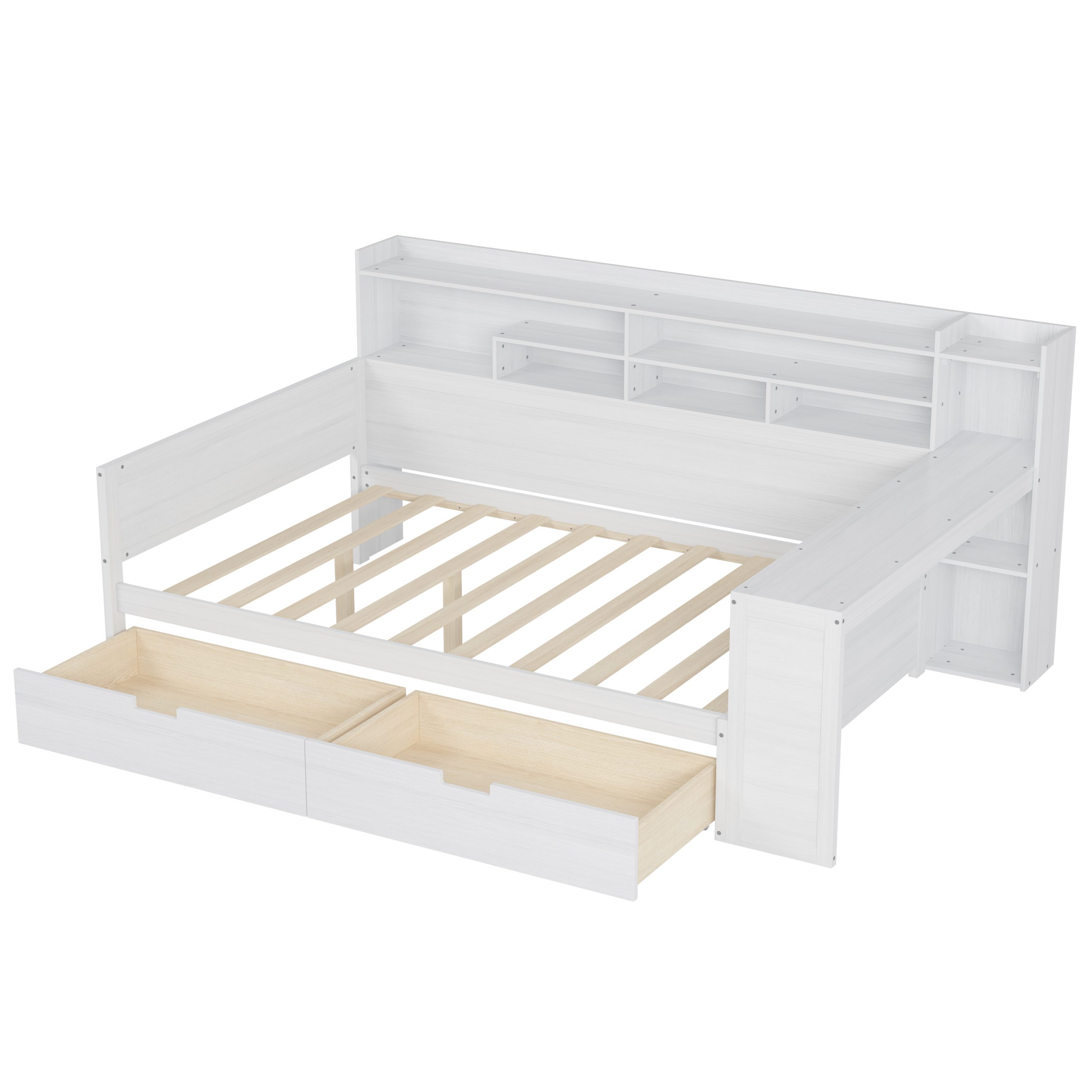 Wooden Full Size Daybed with Storage Shelves, Multi-functional Bed with Two Storage Drawers and Study Desk, Antique White (Old SKU: N733S241486K) - Image 5