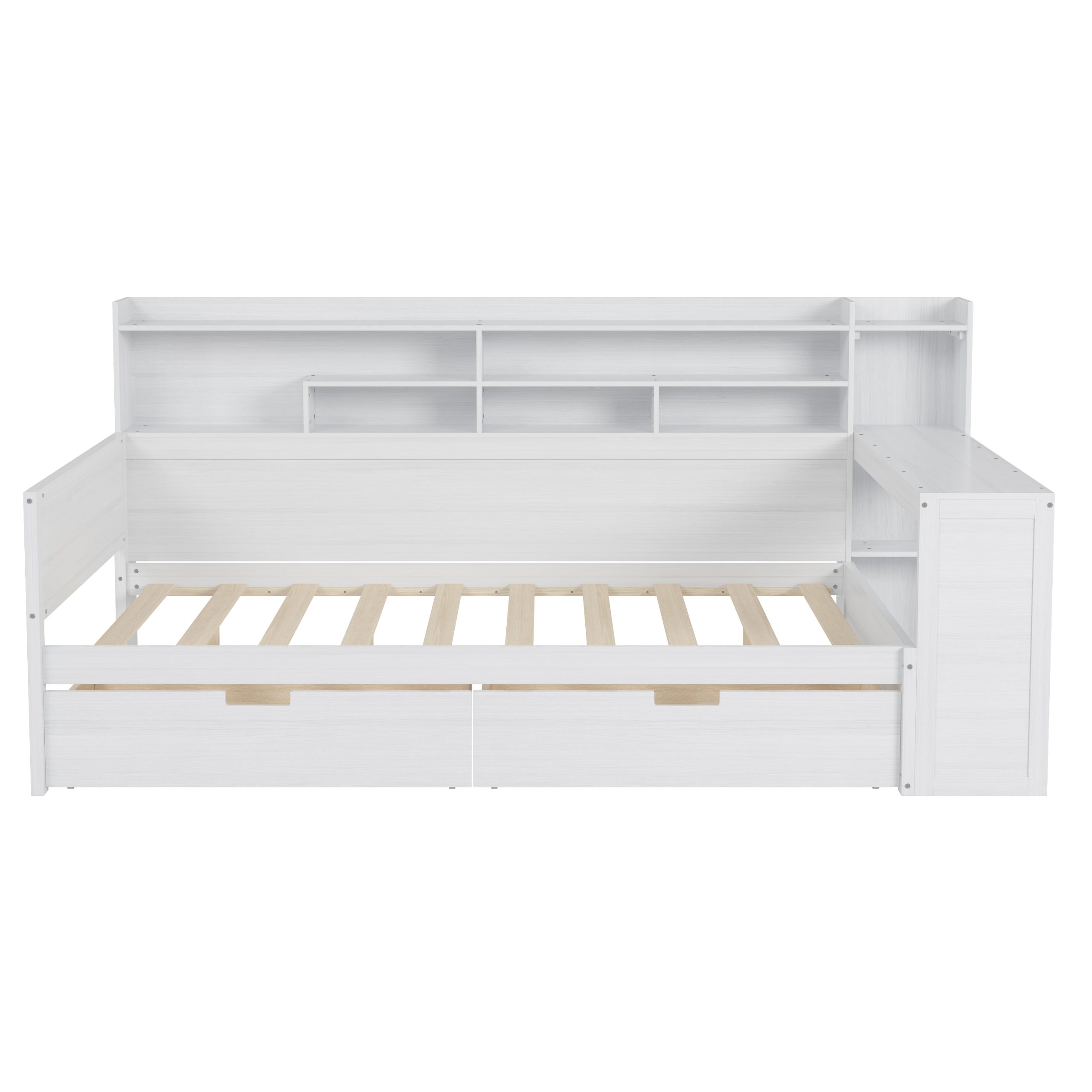 Wooden Full Size Daybed with Storage Shelves, Multi-functional Bed with Two Storage Drawers and Study Desk, Antique White (Old SKU: N733S241486K) - Image 6